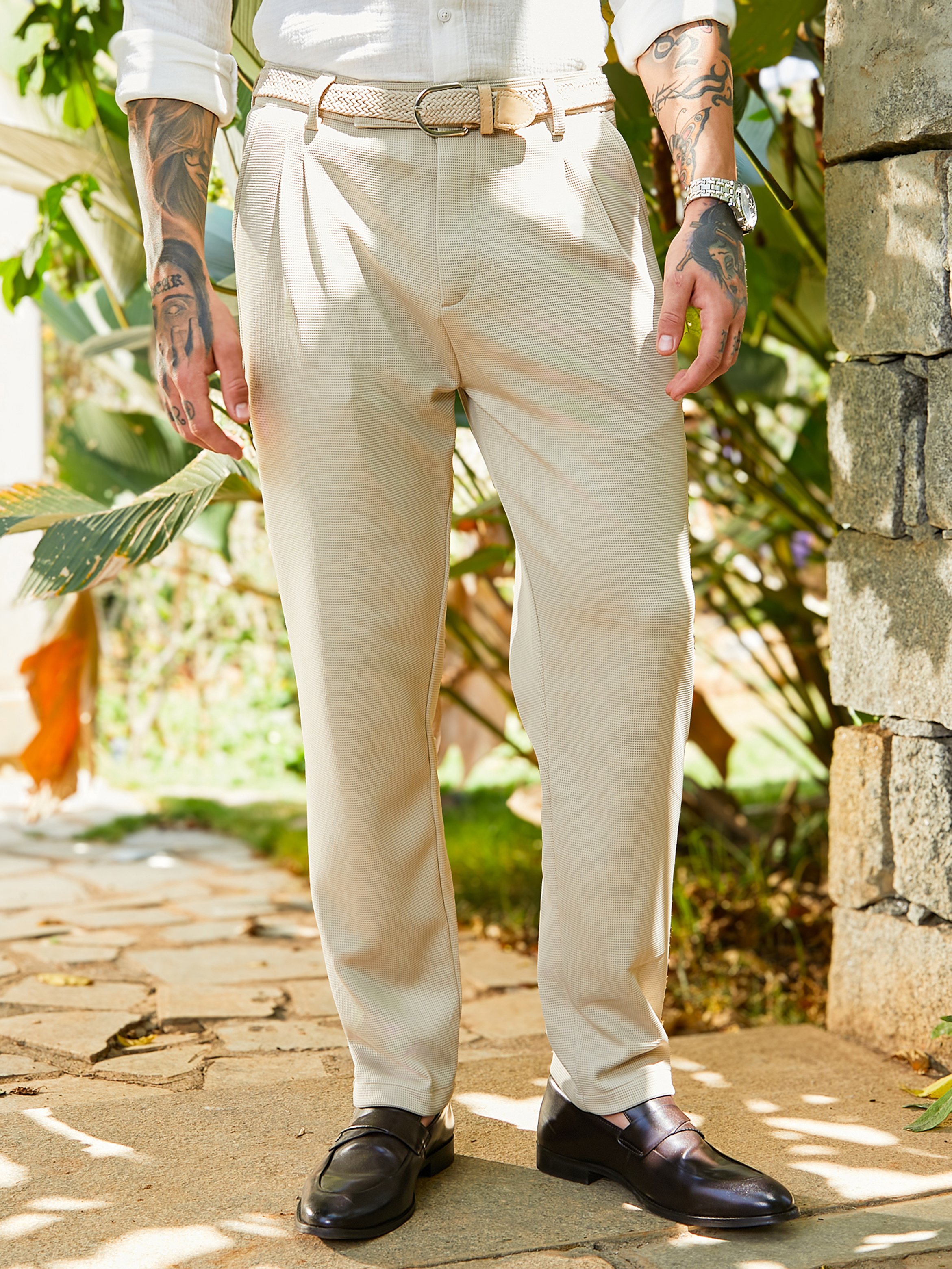Men Saltbox Beige Micro-Waffle Chino Trousers