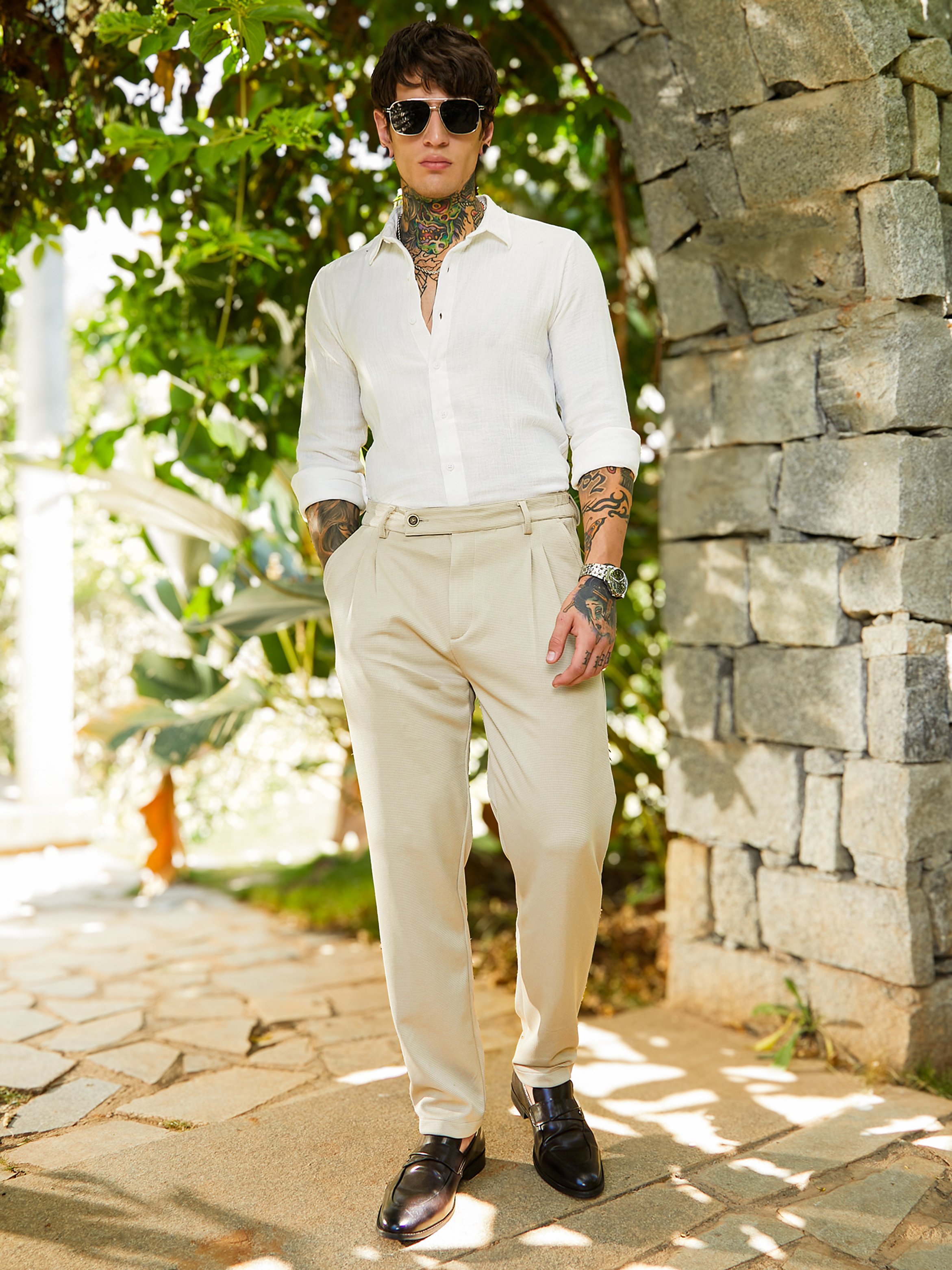 Men Saltbox Beige Micro-Waffle Chino Trousers
