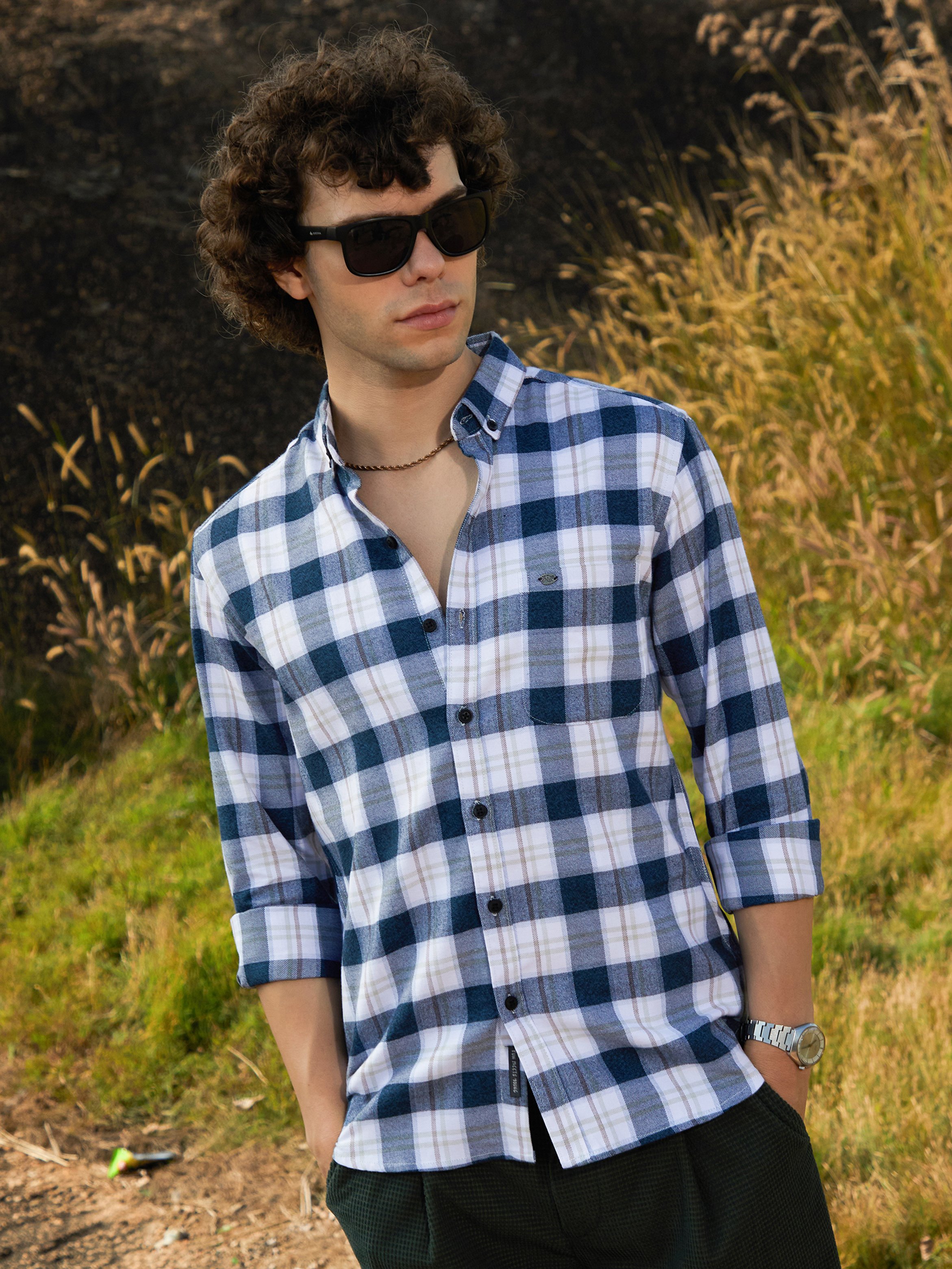 Men Navy Blue Checked Shirt