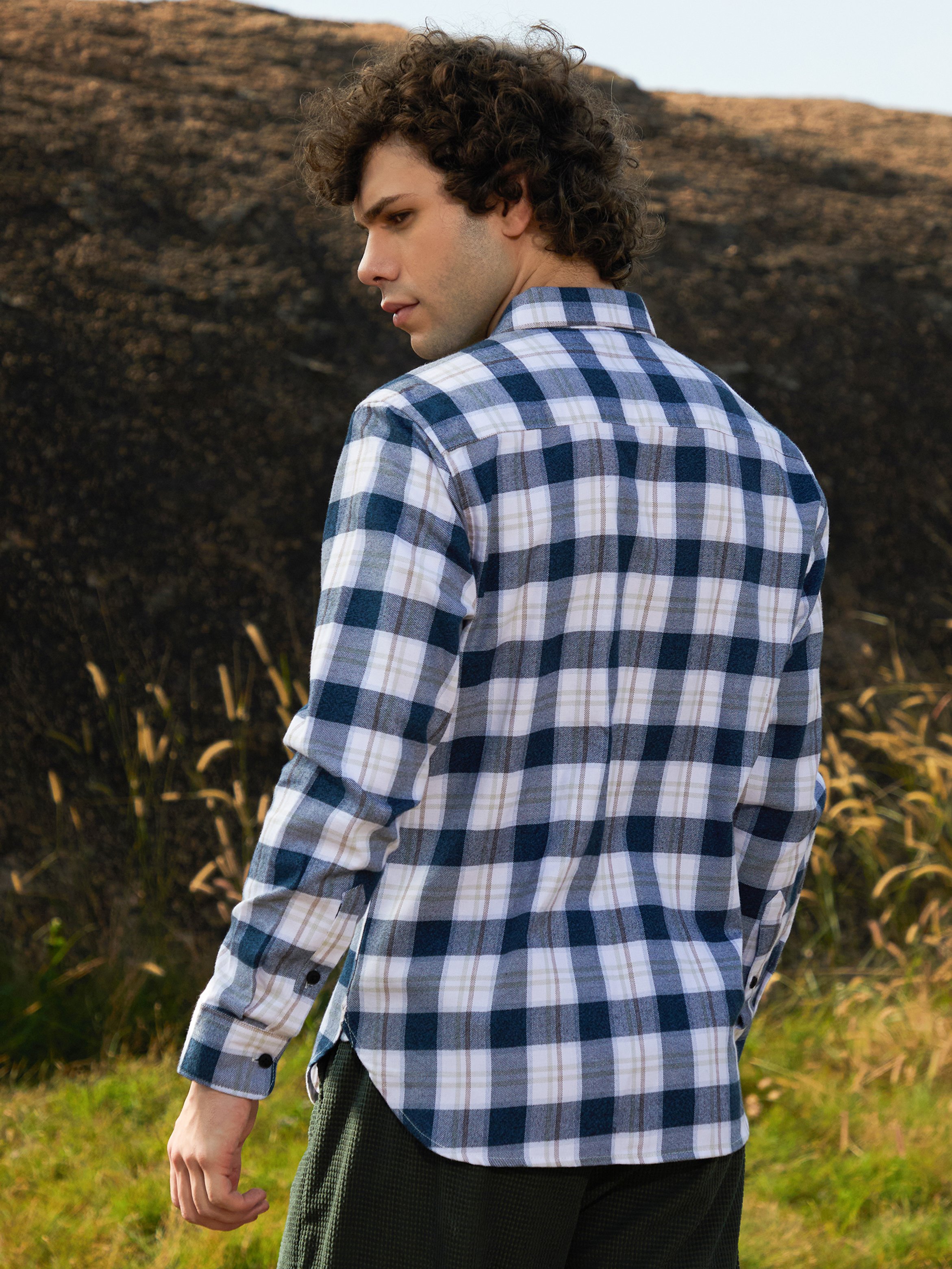 Men Navy Blue Checked Shirt