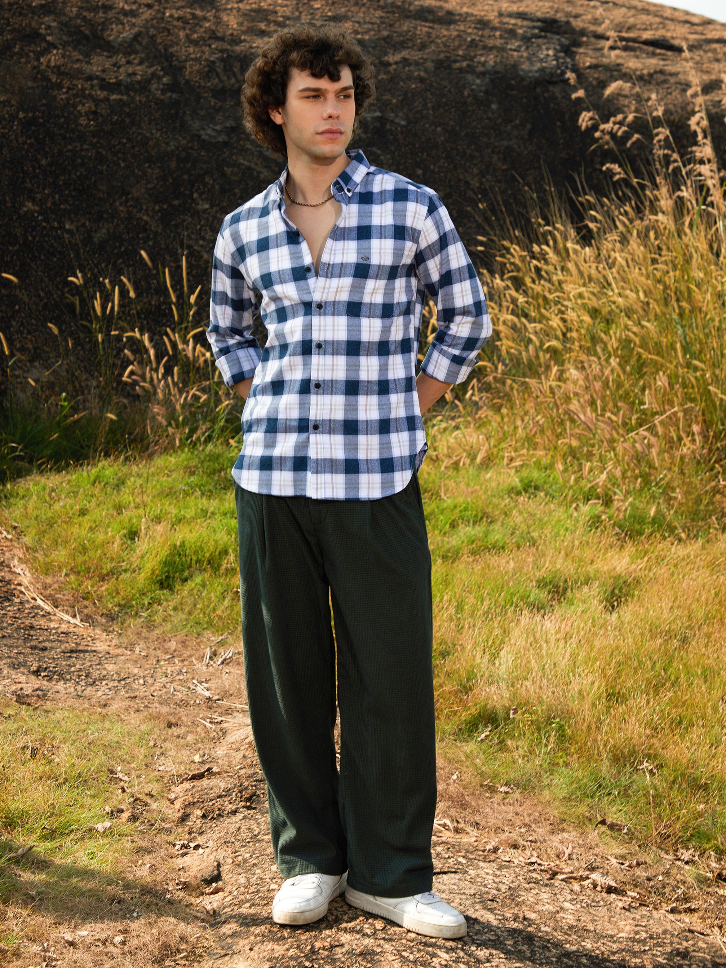 Men Navy Blue Checked Shirt