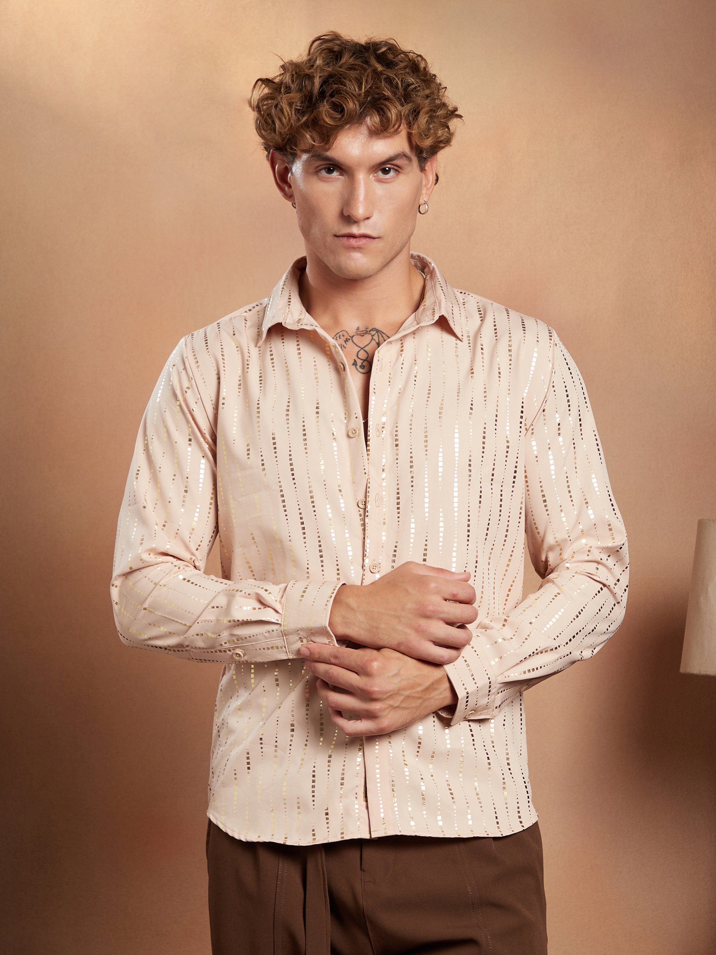 Men Ecru Beige Metallic-Vined Shirt
