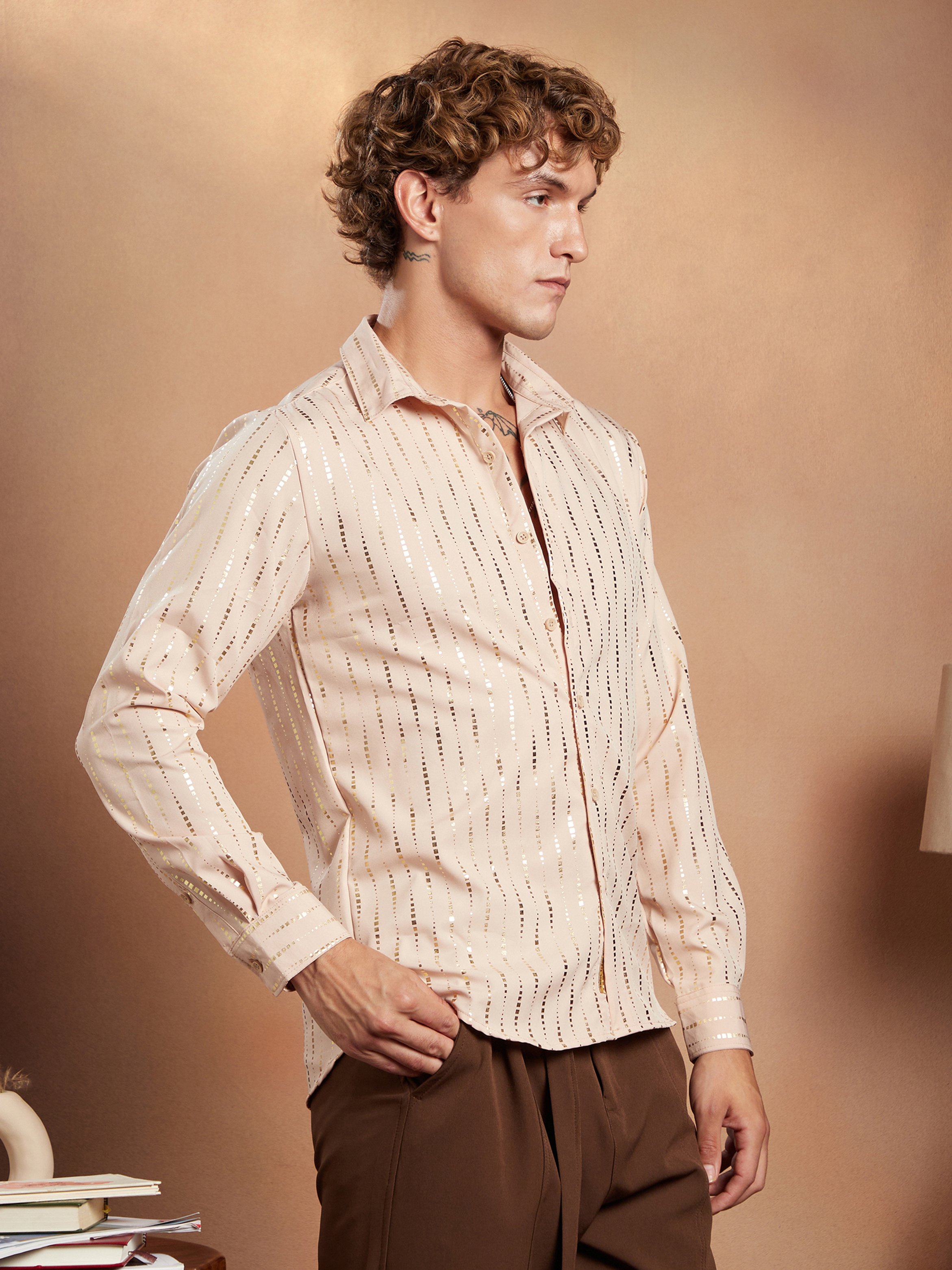 Men Ecru Beige Metallic-Vined Shirt