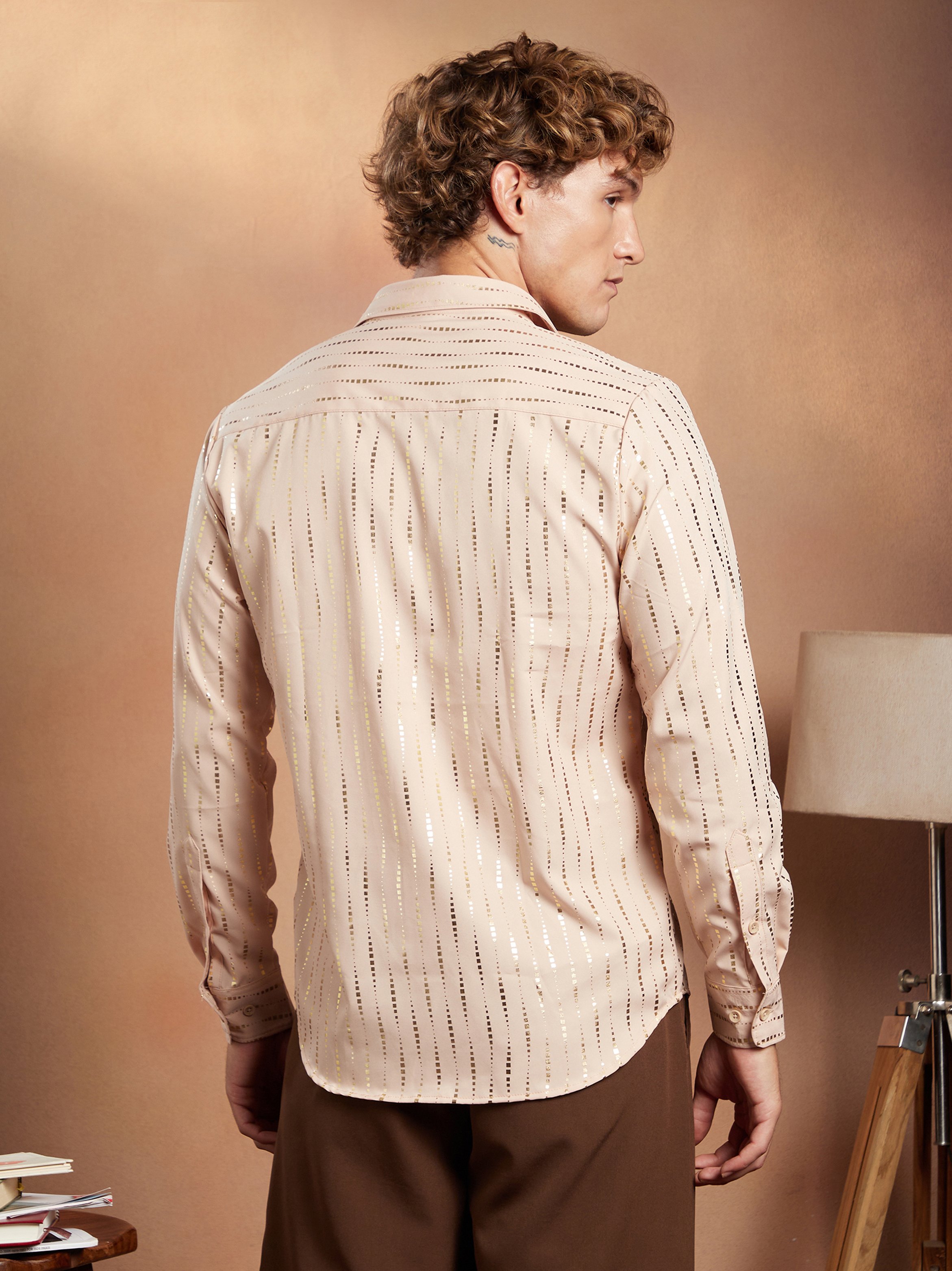 Men Ecru Beige Metallic-Vined Shirt