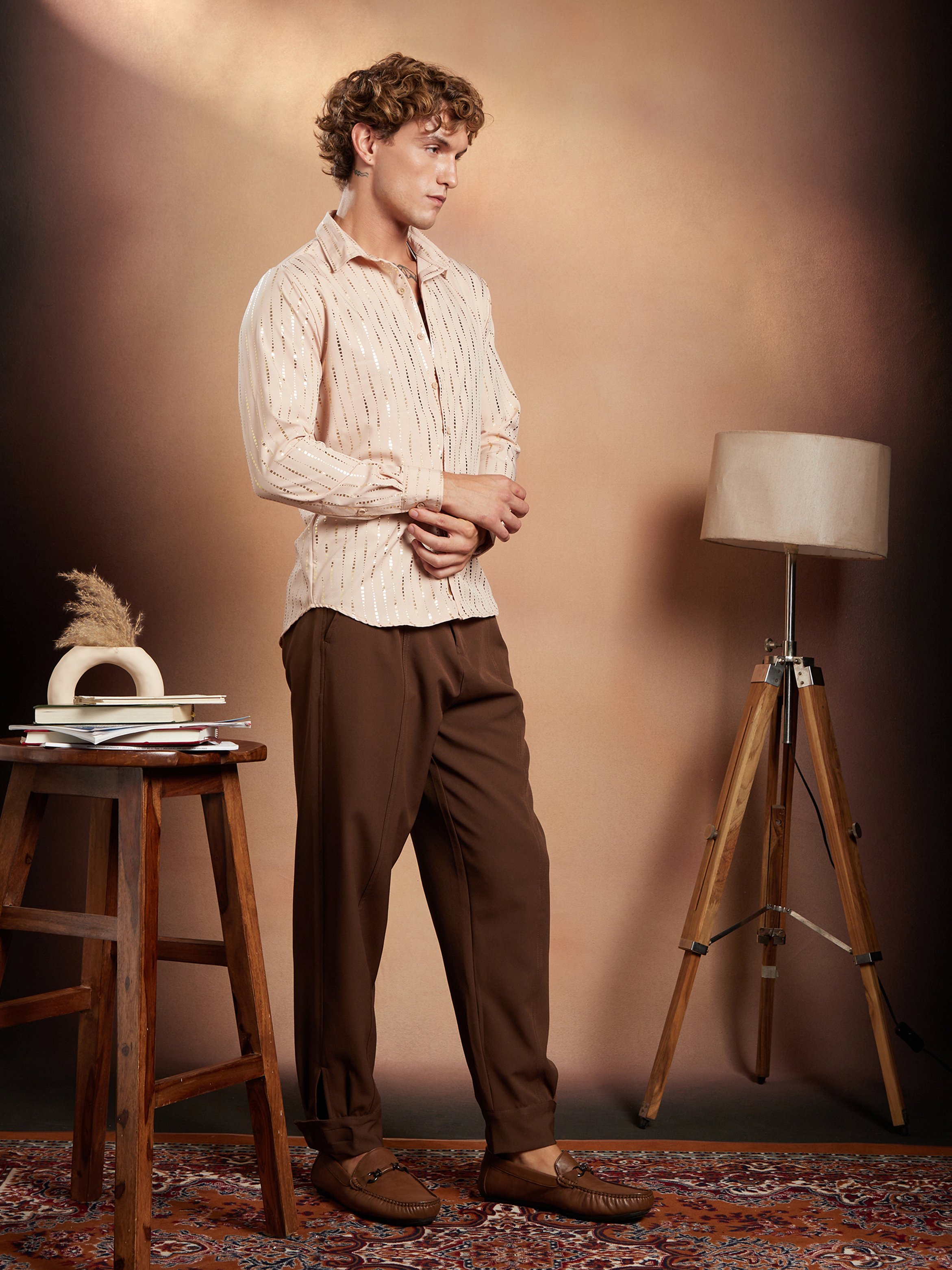 Men Ecru Beige Metallic-Vined Shirt