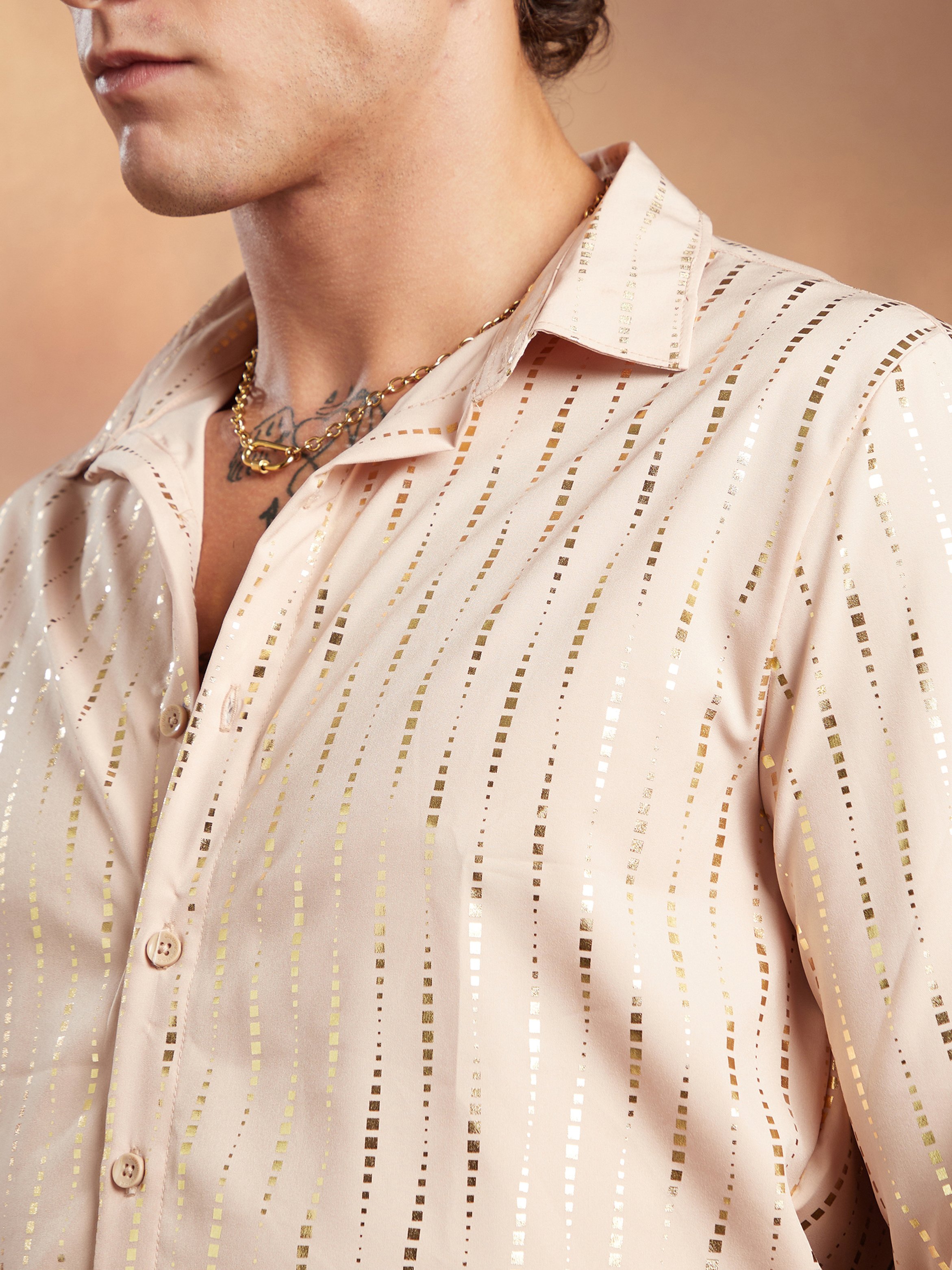 Men Ecru Beige Metallic-Vined Shirt