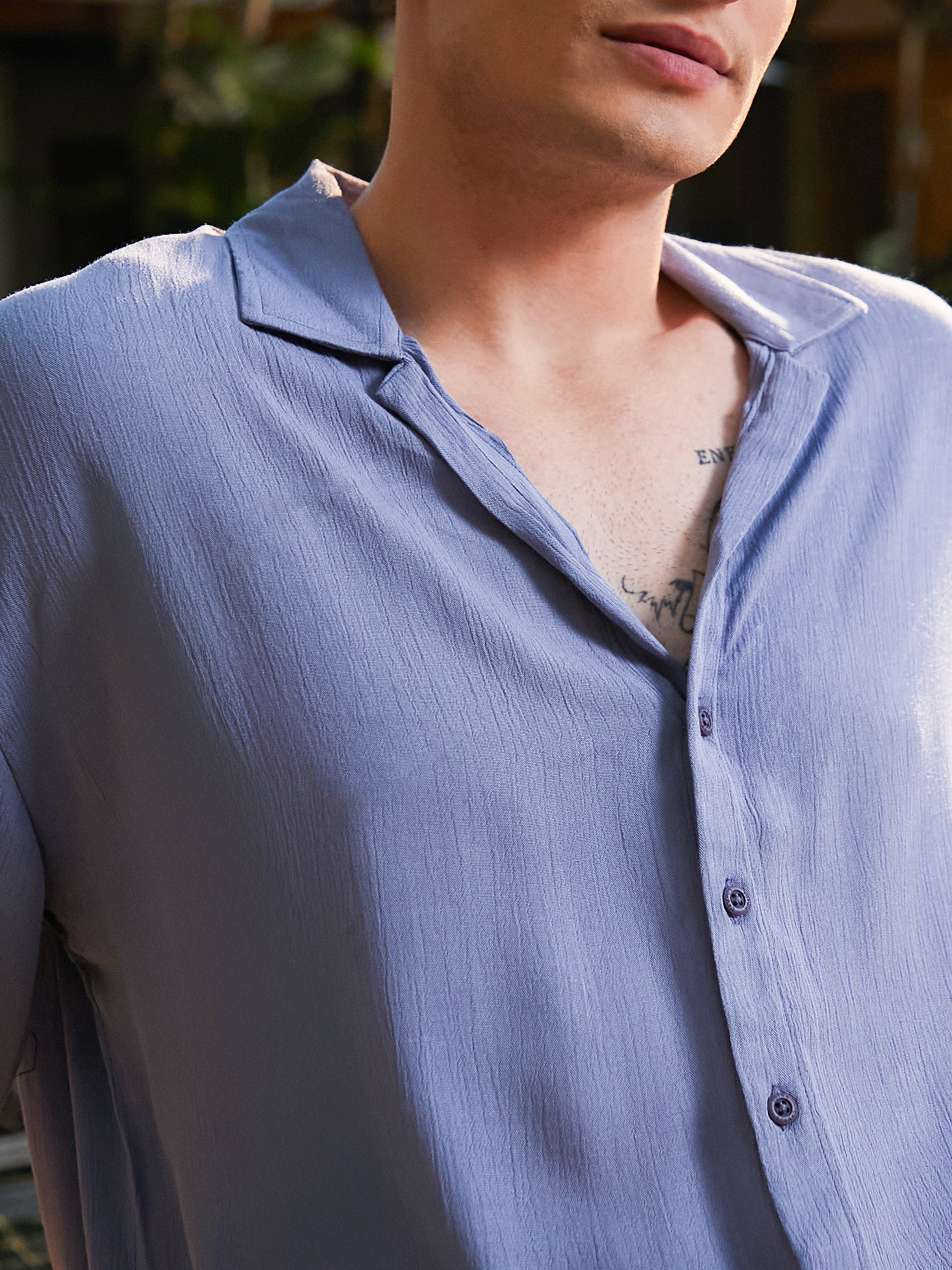 Men Blue Cuban Collar Oversized Shirt