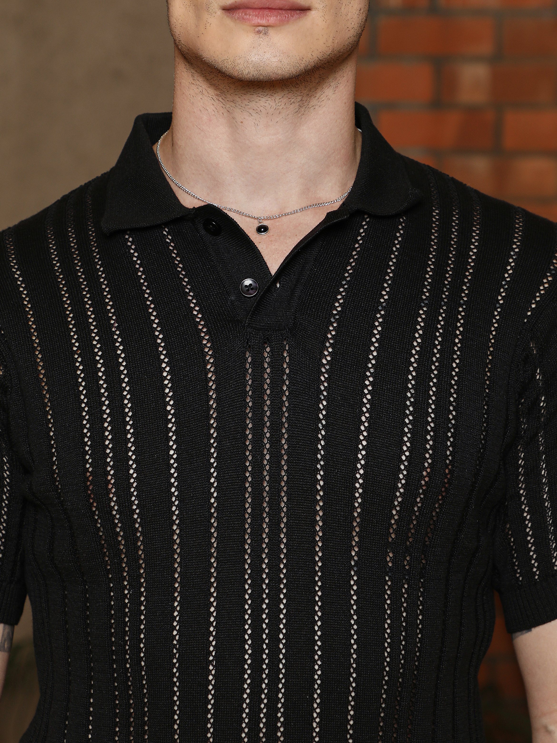 Men Black Stripe-Textured Polo