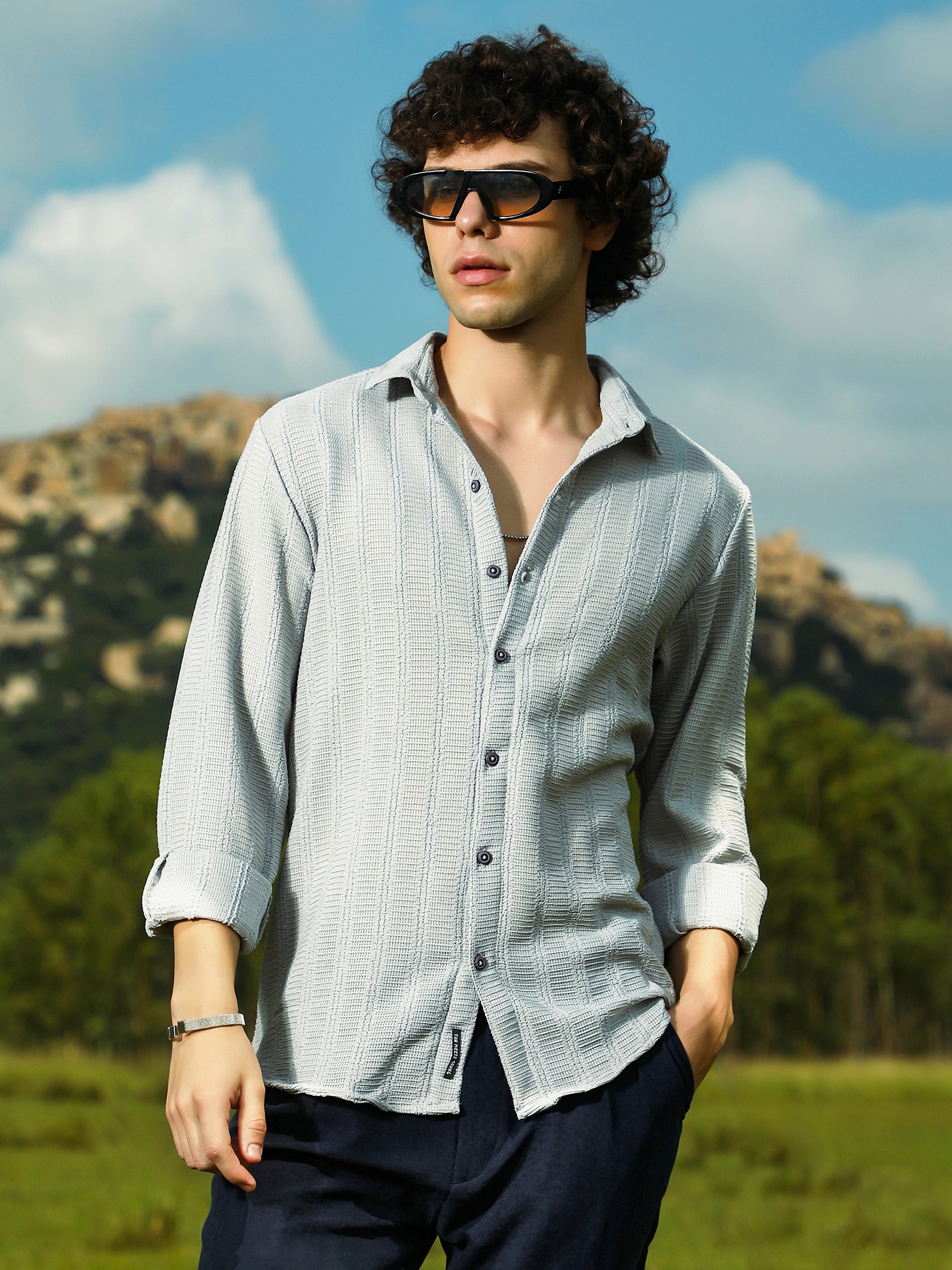 Men Grey Textured Regular Shirt