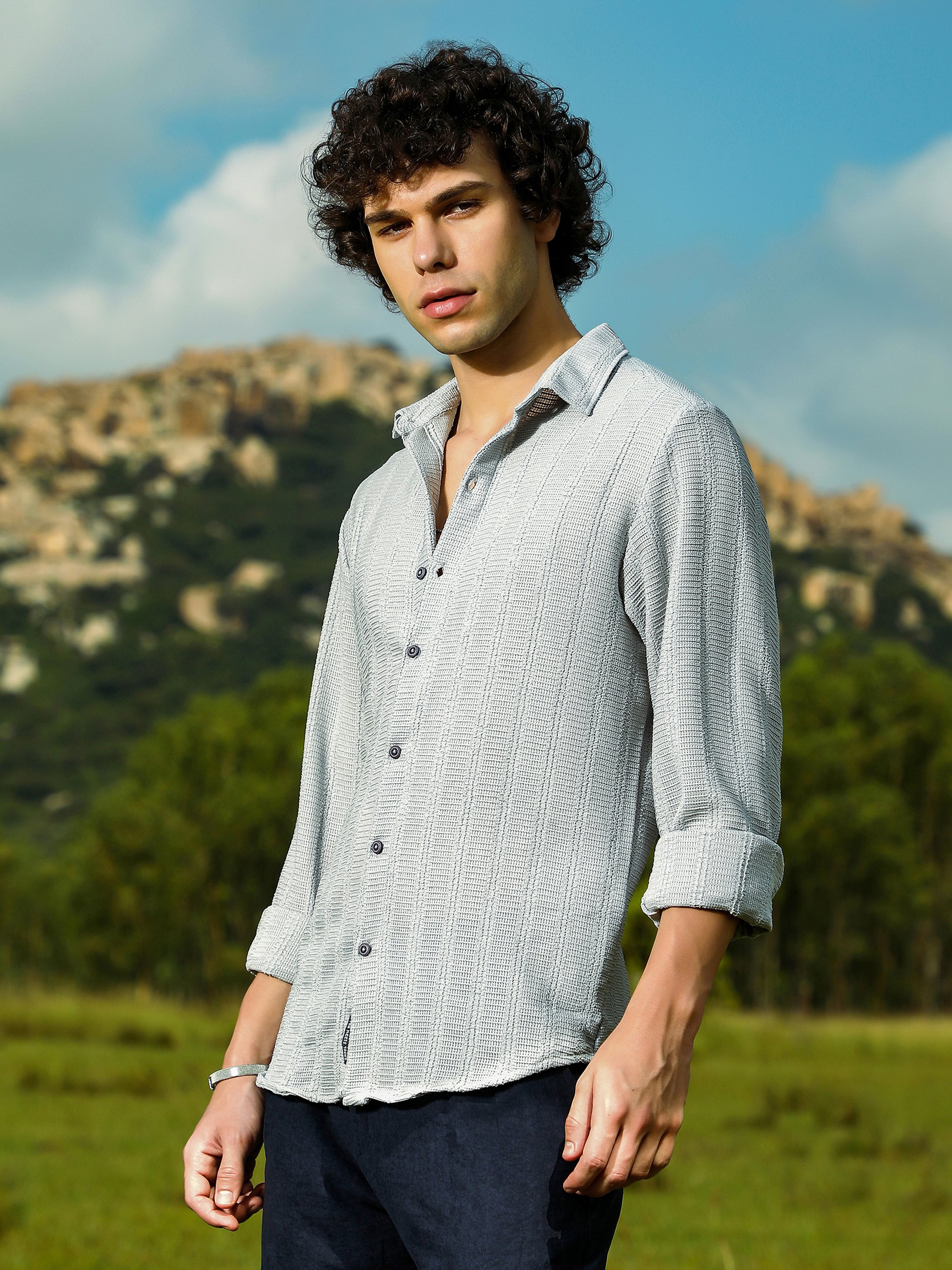 Men Grey Textured Regular Shirt