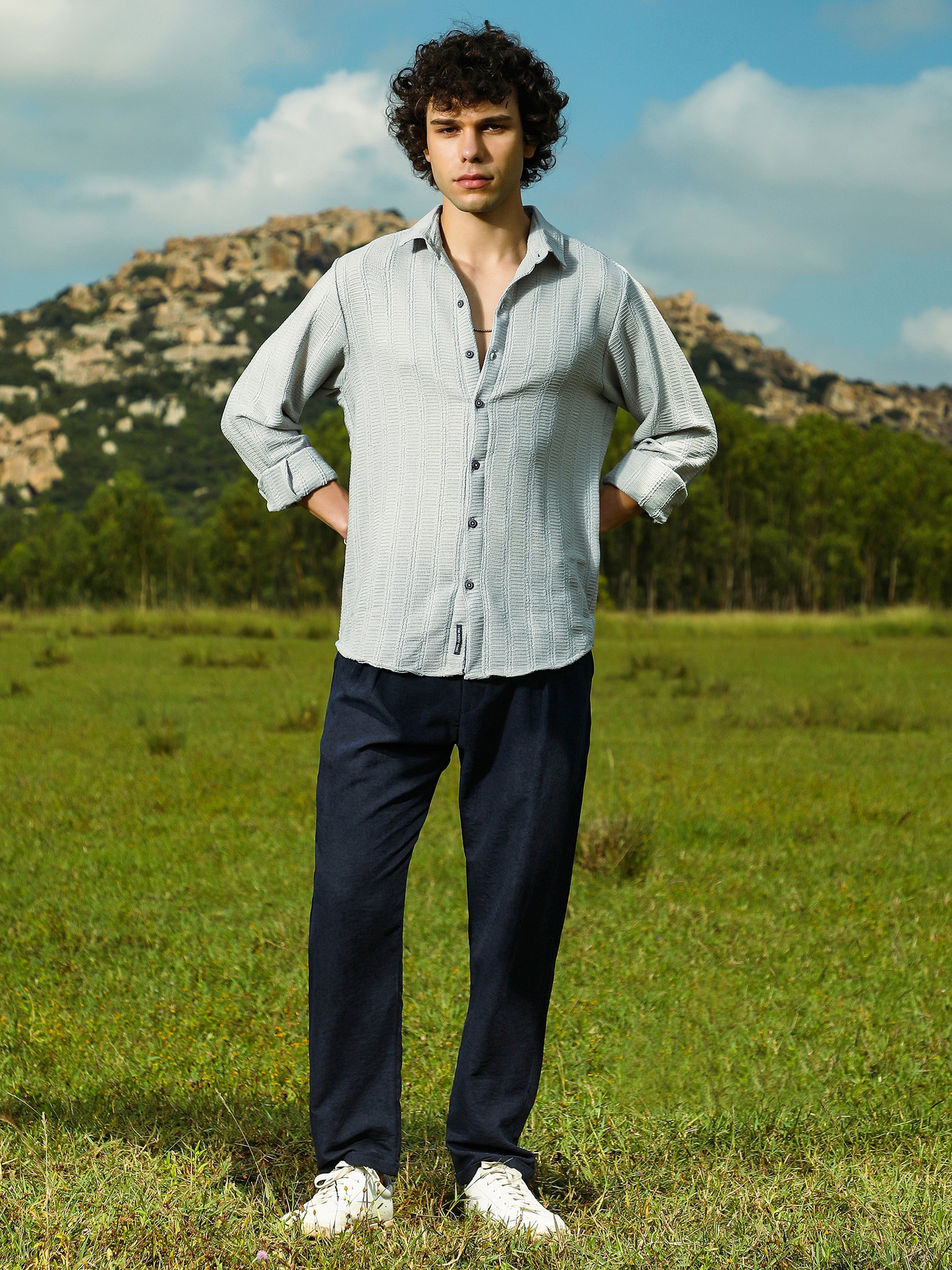 Men Grey Textured Regular Shirt