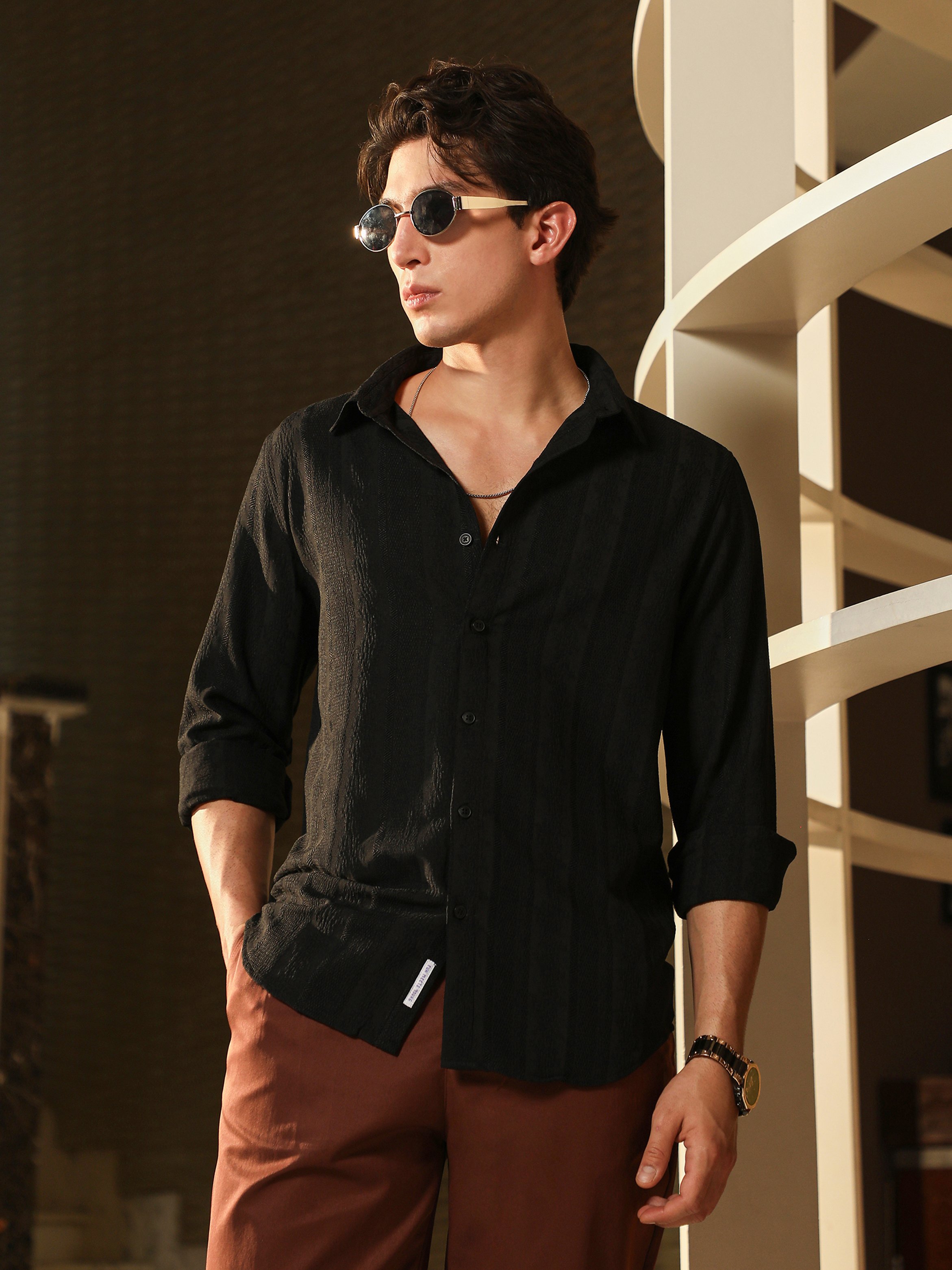 Men Black Textured Jacquard Shirt