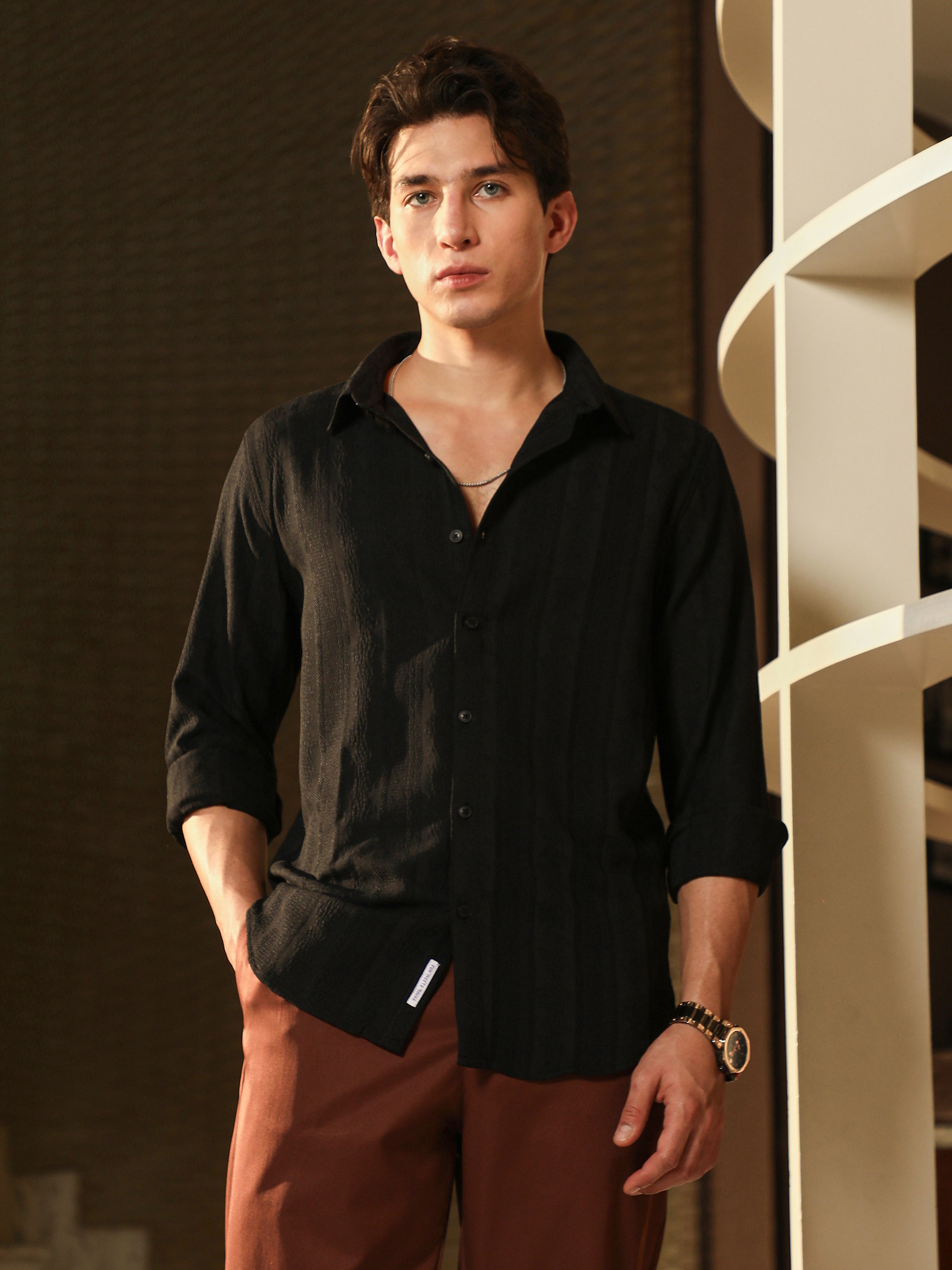 Men Black Textured Jacquard Shirt