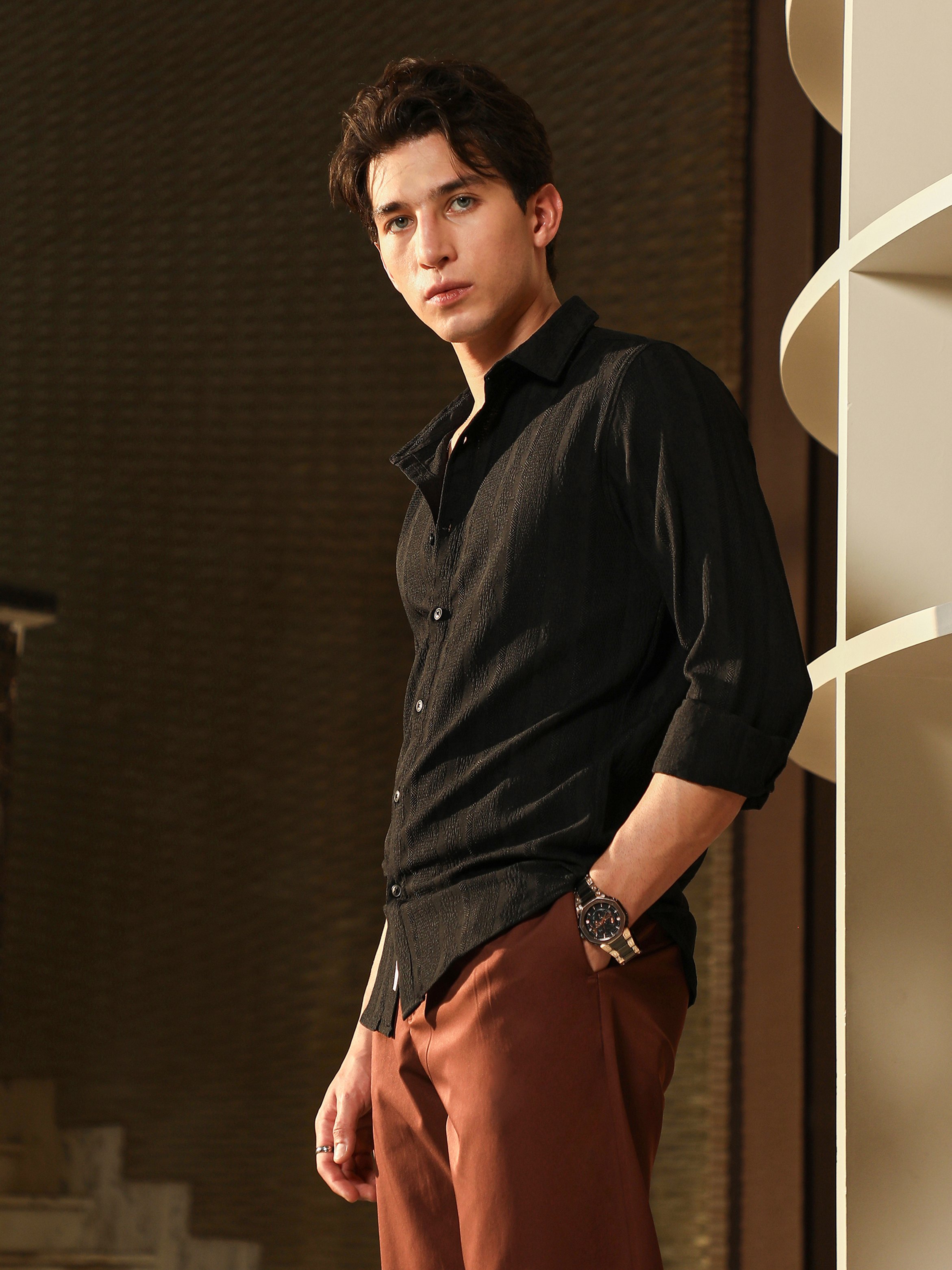 Men Black Textured Jacquard Shirt