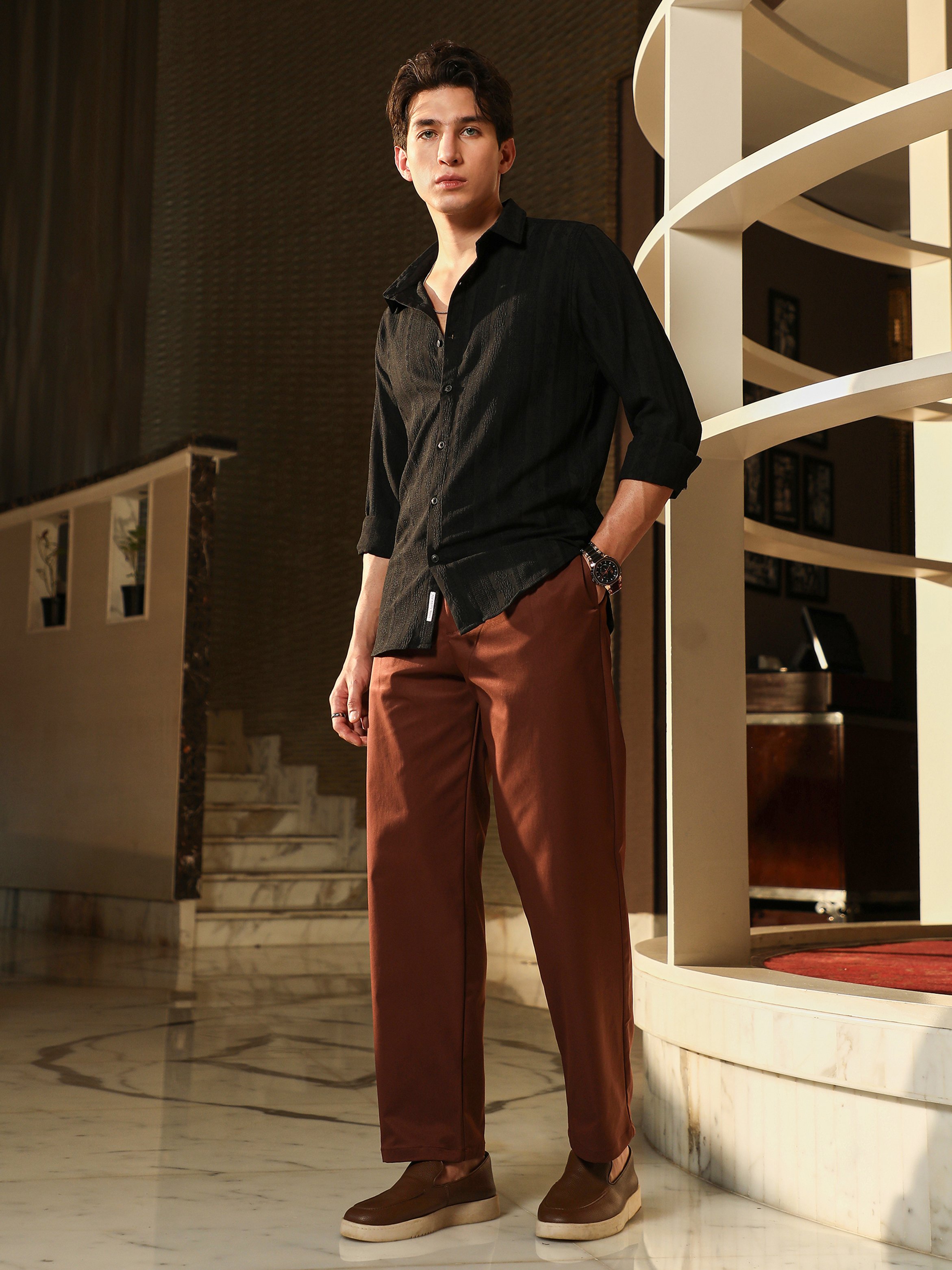 Men Black Textured Jacquard Shirt