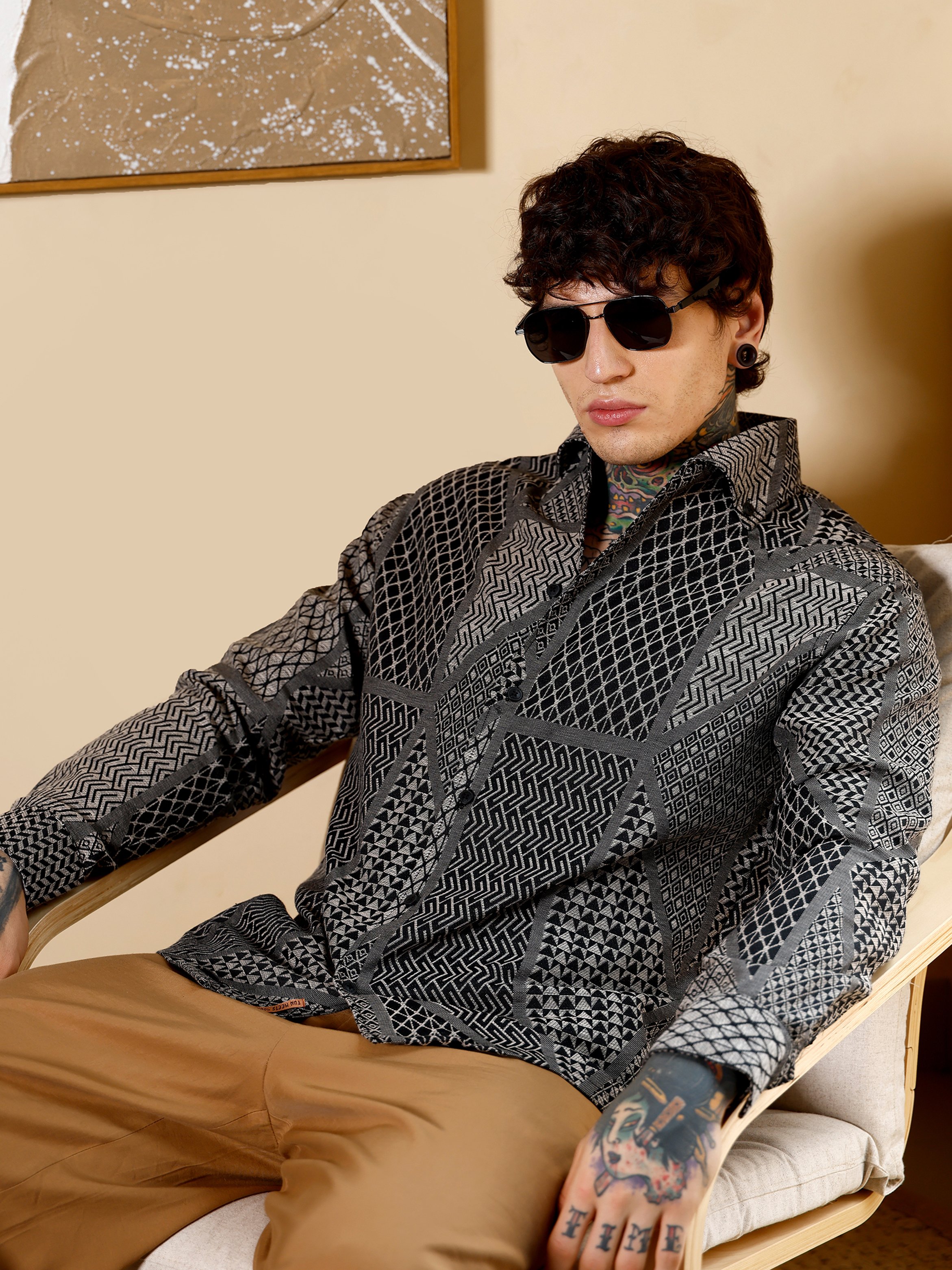 Men Black Geometric-Print Jacquard Shirt
