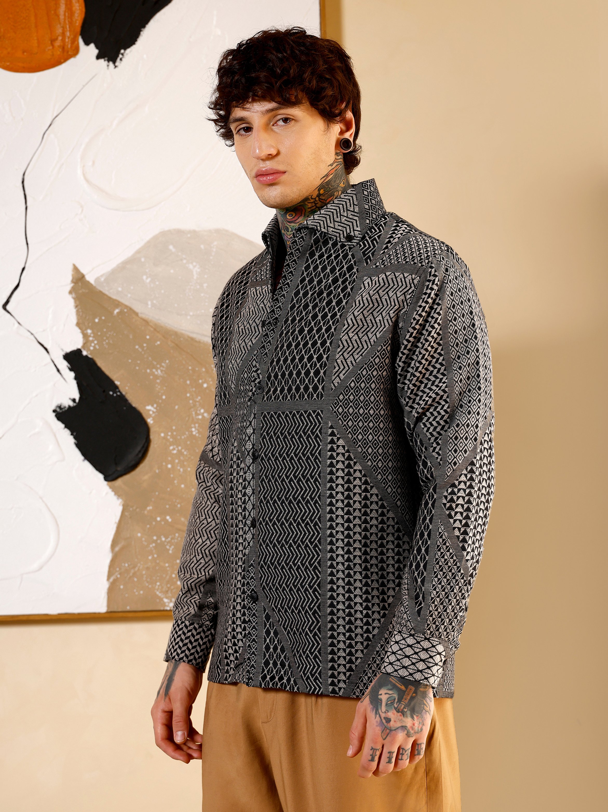 Men Black Geometric-Print Jacquard Shirt