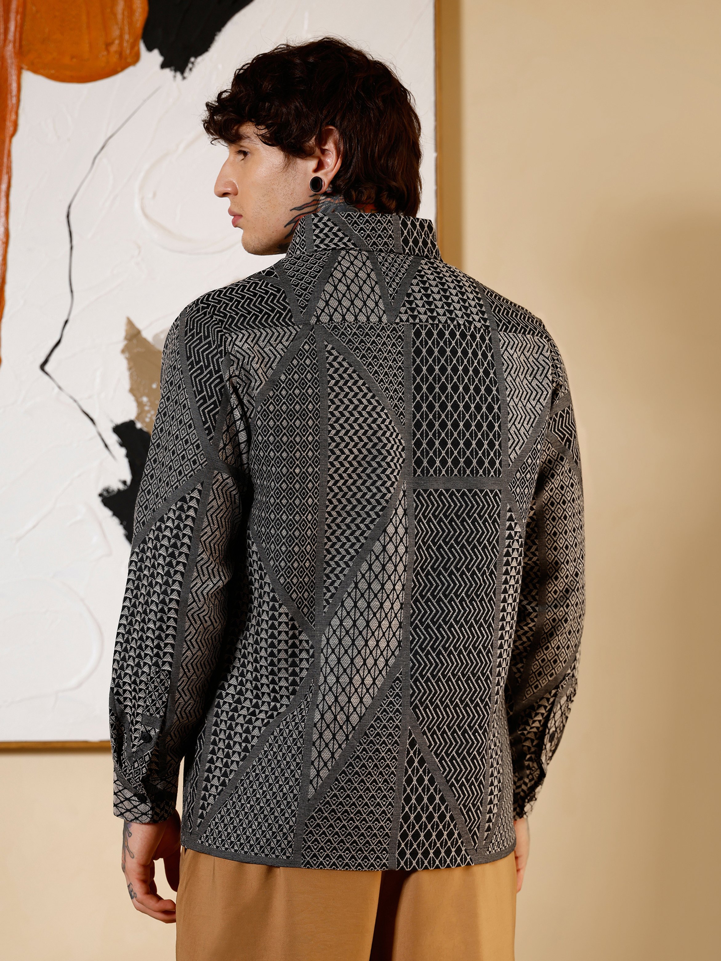Men Black Geometric-Print Jacquard Shirt