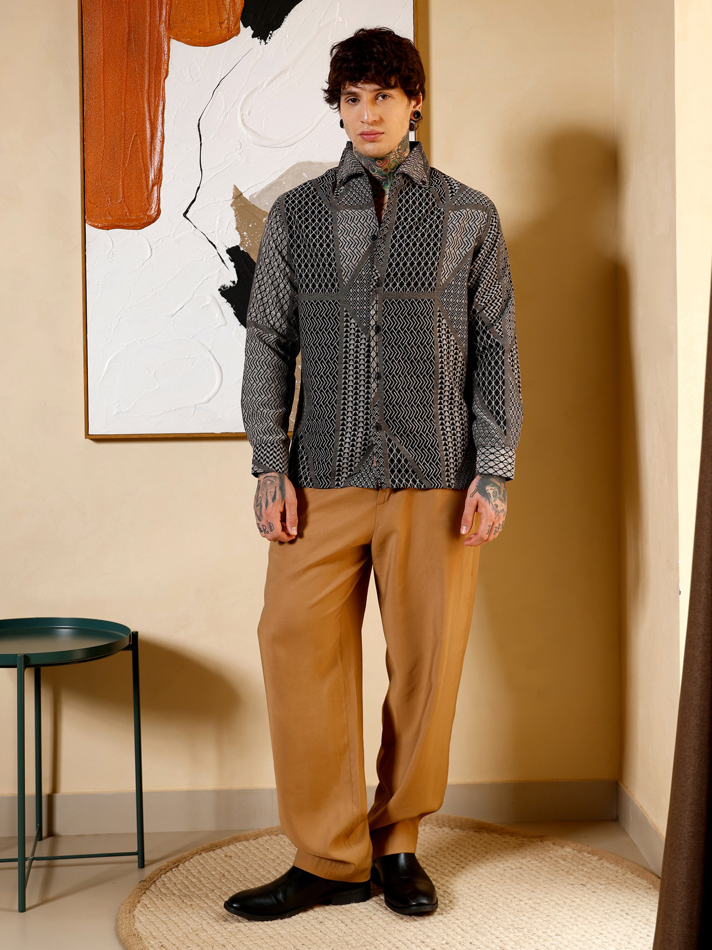 Men Black Geometric-Print Jacquard Shirt