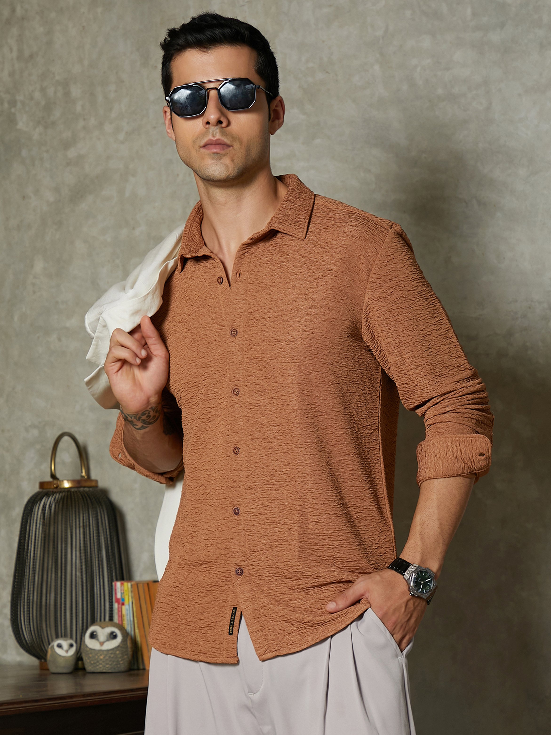 Men Mocha Brown Surf-Tactile Shirt