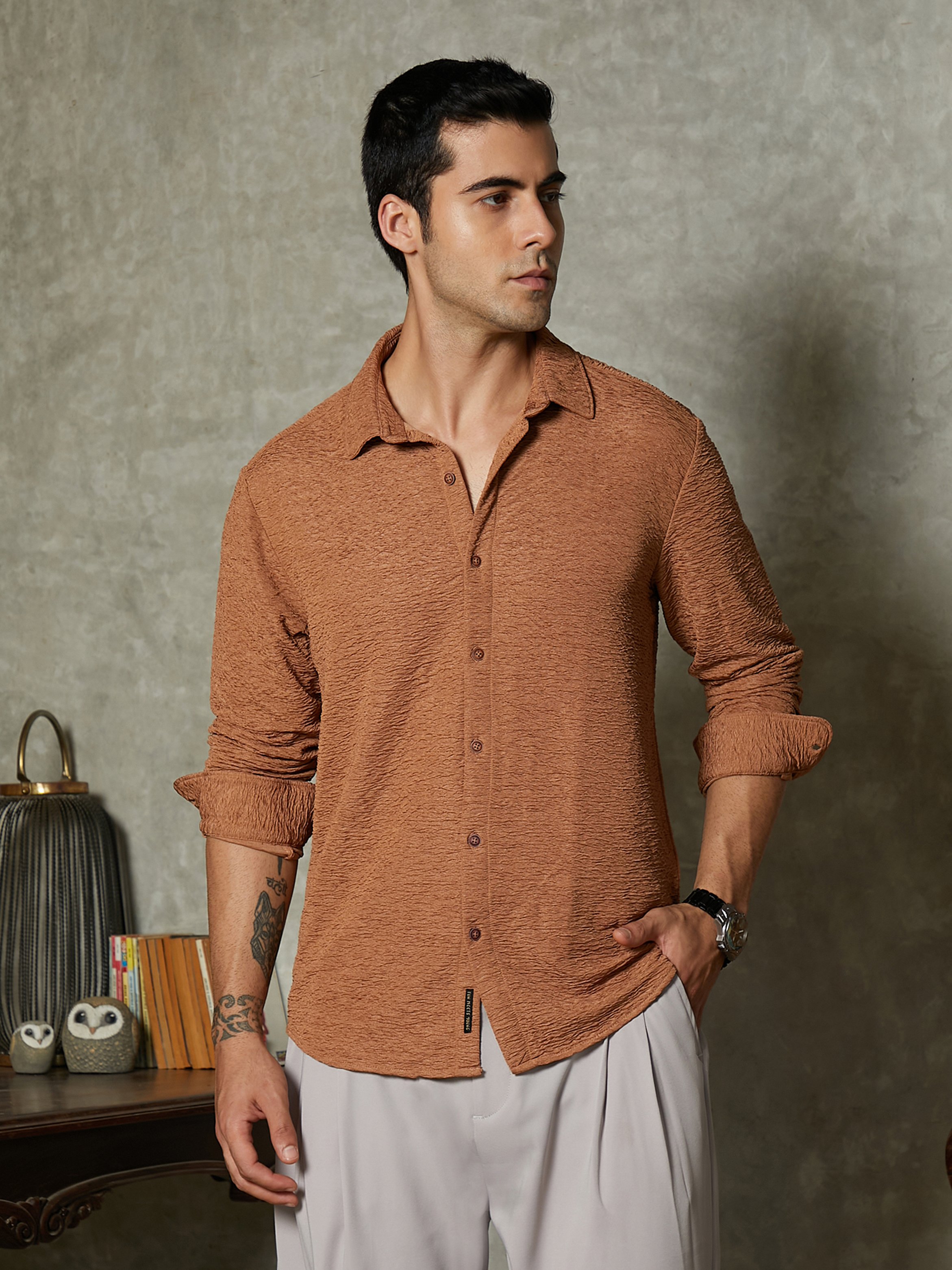 Men Mocha Brown Surf-Tactile Shirt