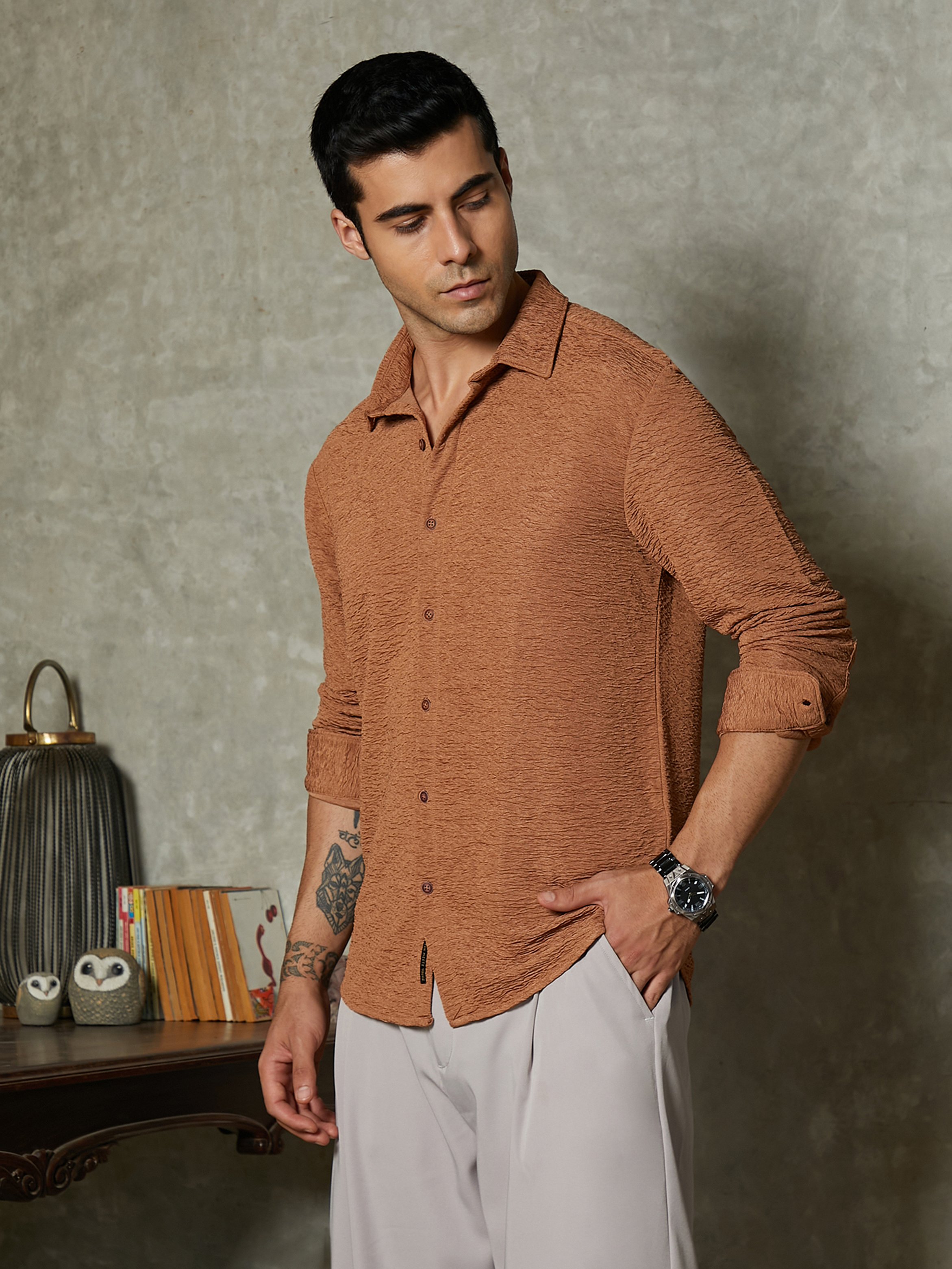 Men Mocha Brown Surf-Tactile Shirt