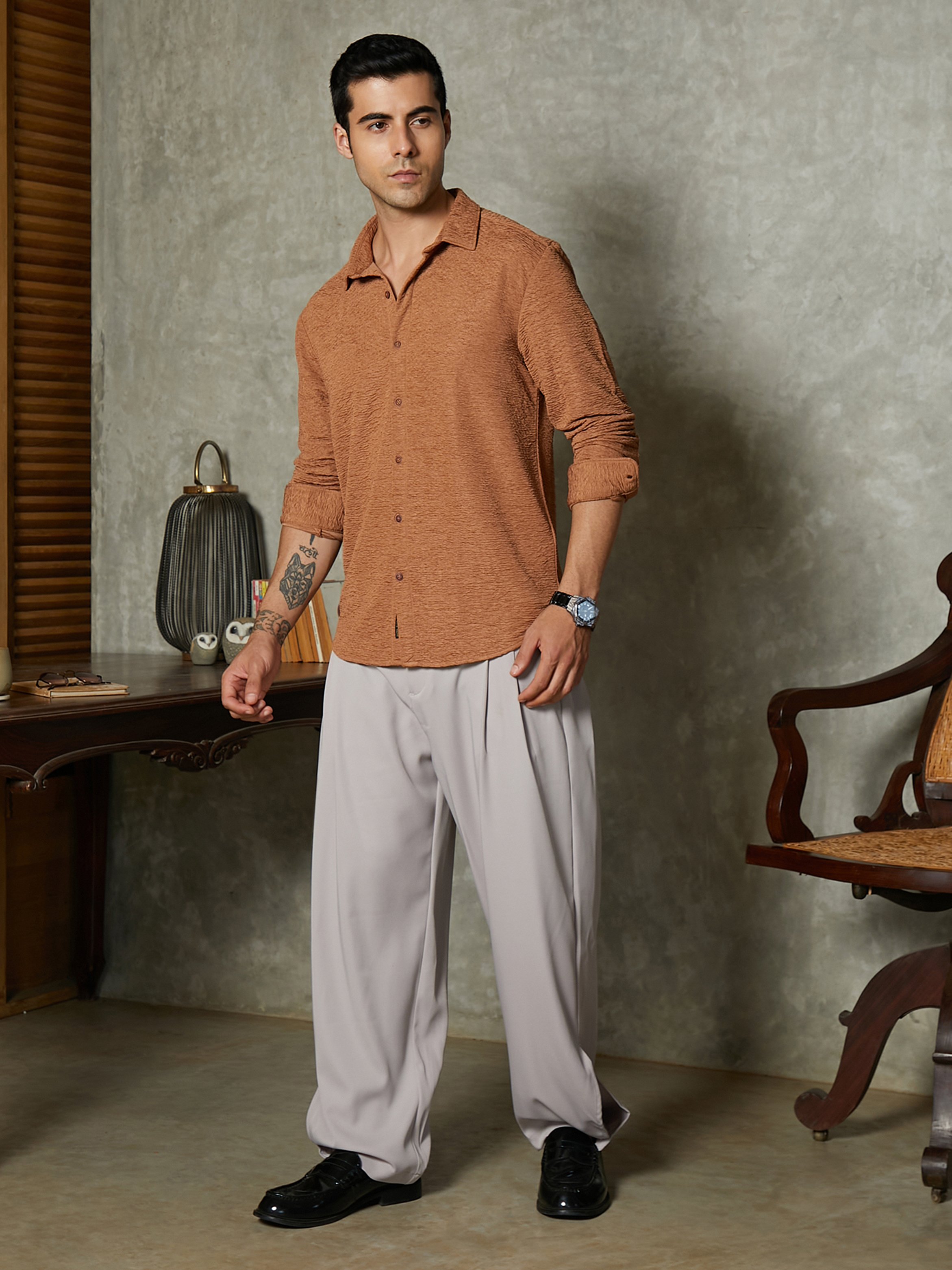 Men Mocha Brown Surf-Tactile Shirt