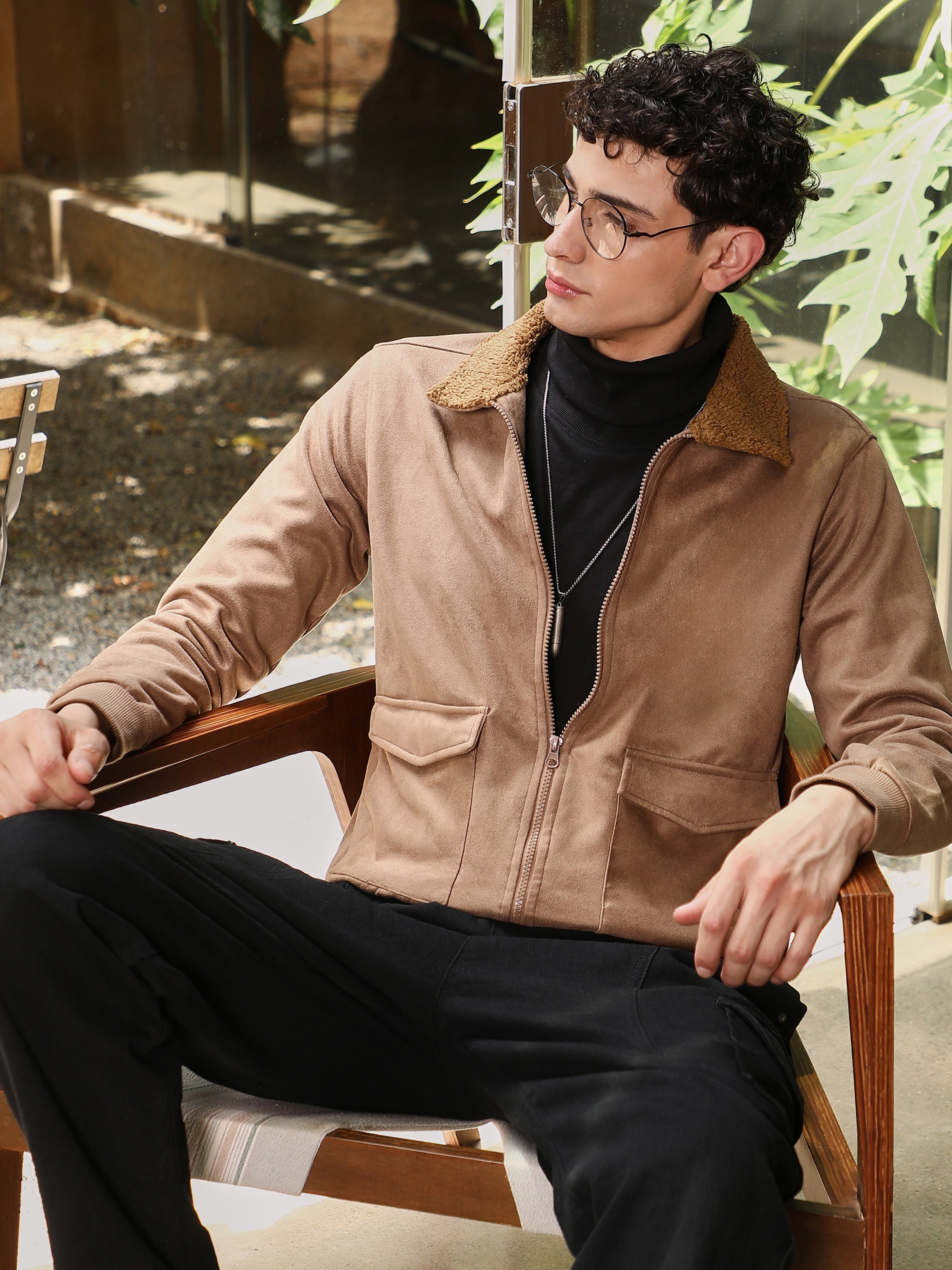 Men Brown Zip-Front Sherpa-Lined Suede Jacket