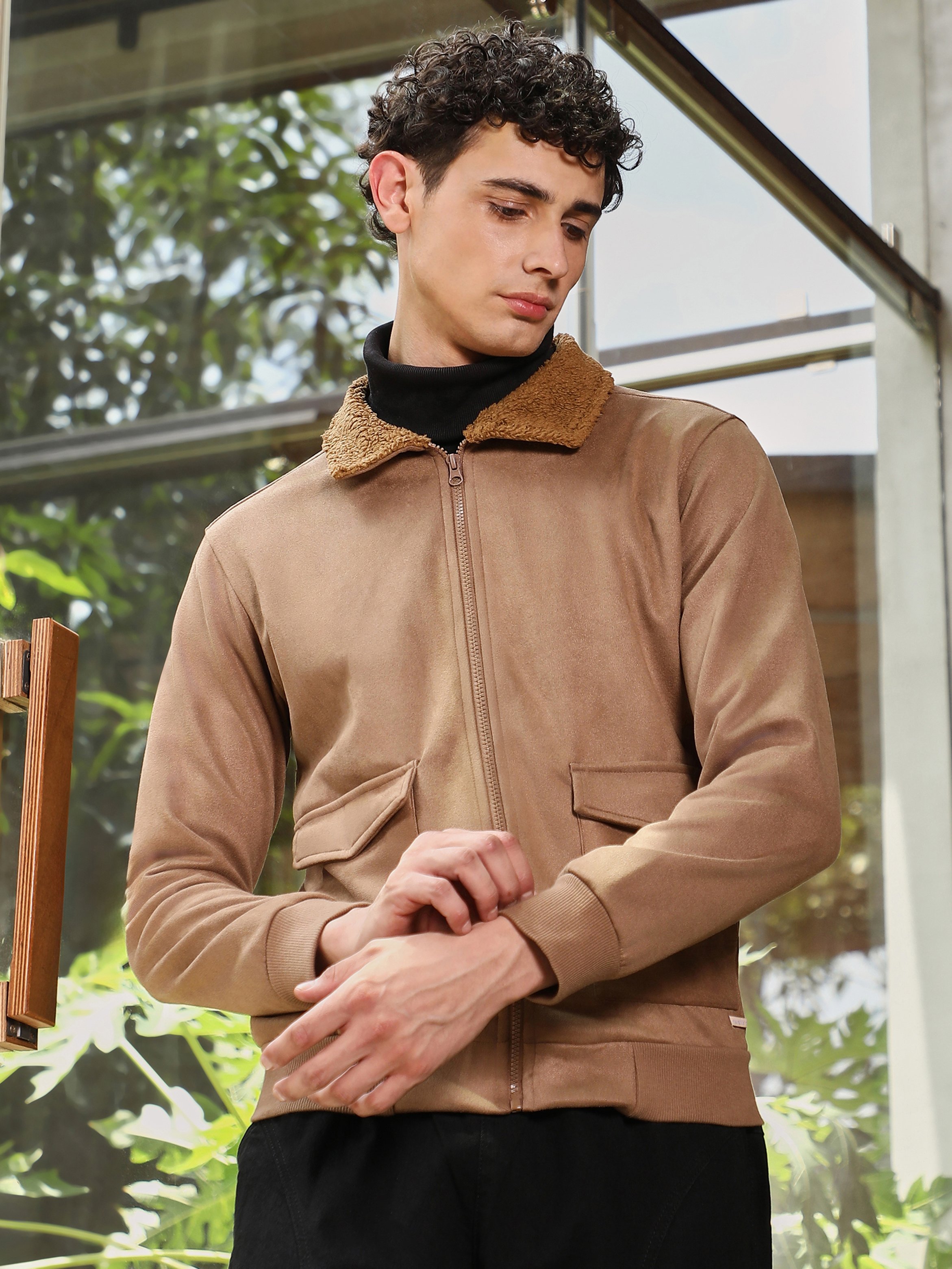 Men Brown Zip-Front Sherpa-Lined Suede Jacket