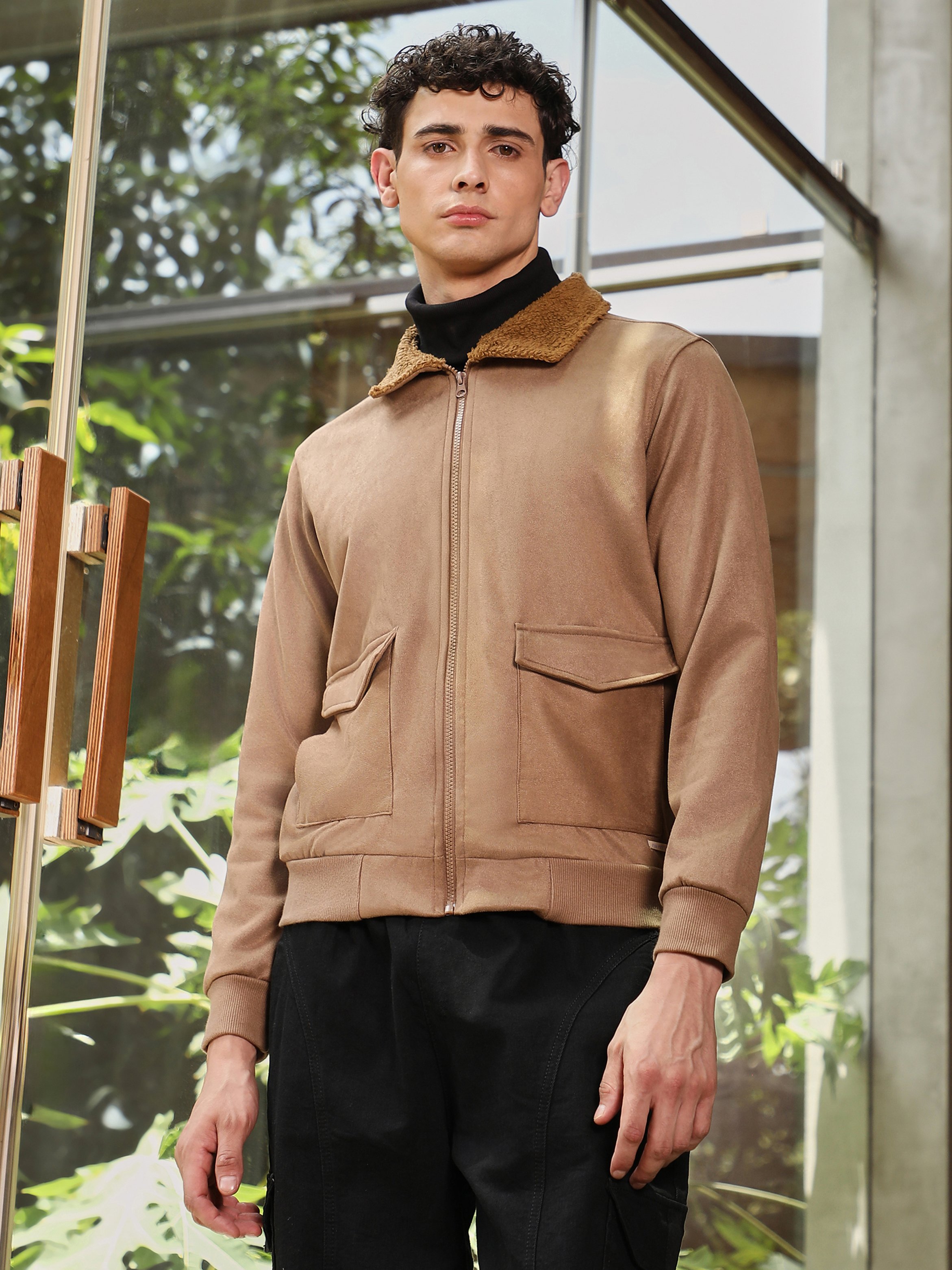 Men Brown Zip-Front Sherpa-Lined Suede Jacket
