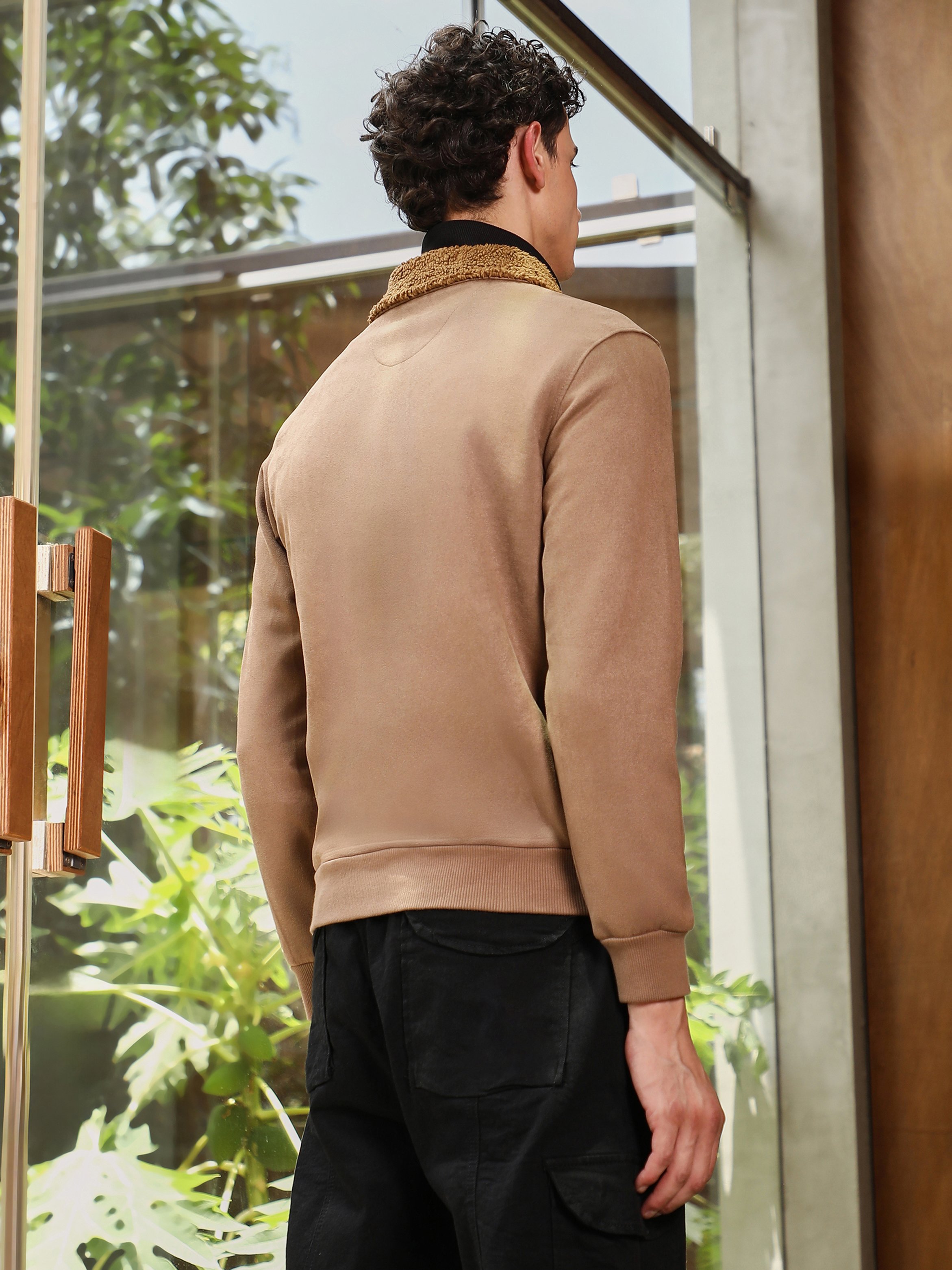 Men Brown Zip-Front Sherpa-Lined Suede Jacket