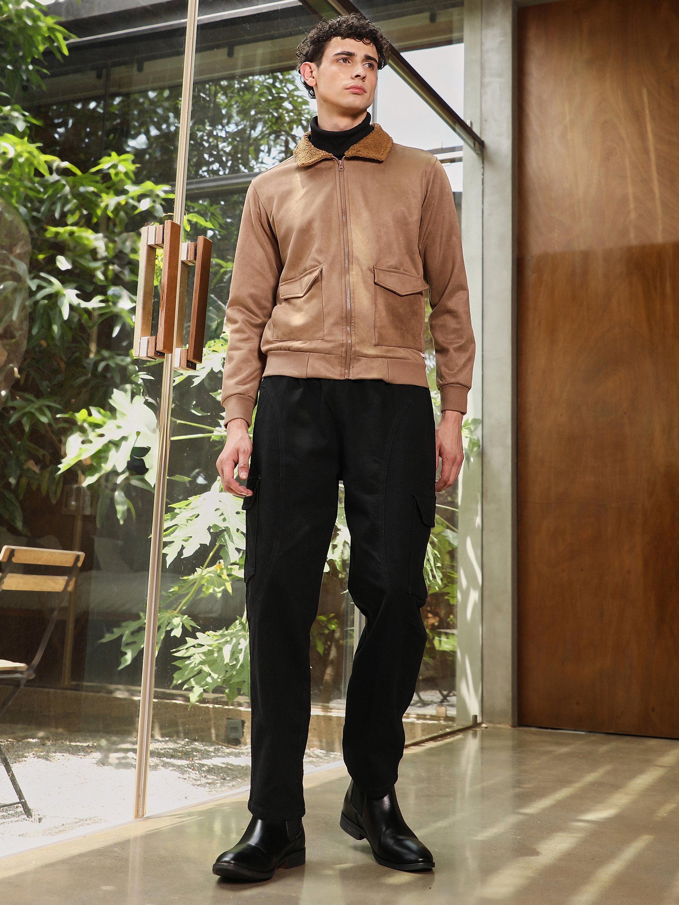 Men Brown Zip-Front Sherpa-Lined Suede Jacket