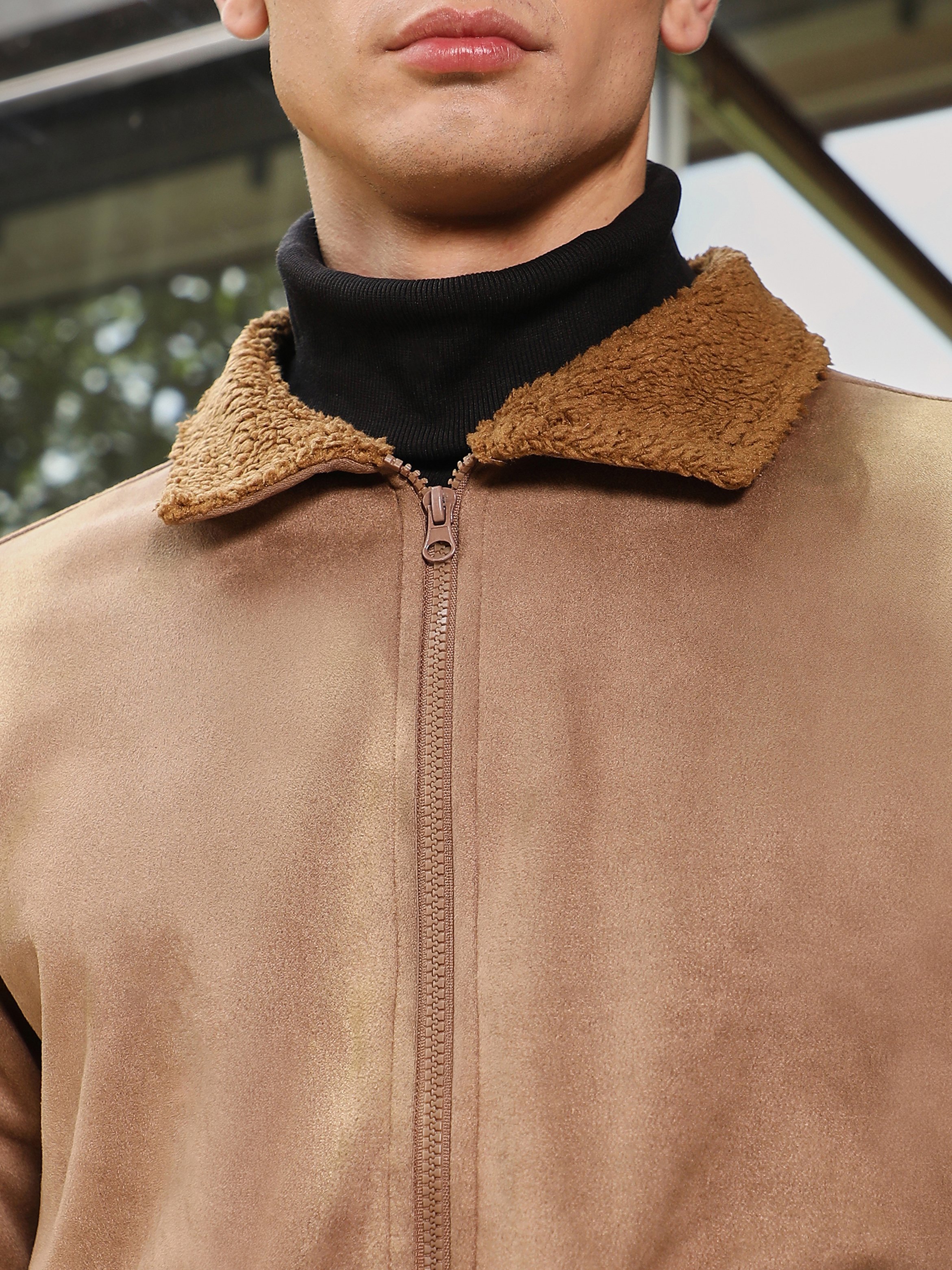 Men Brown Zip-Front Sherpa-Lined Suede Jacket