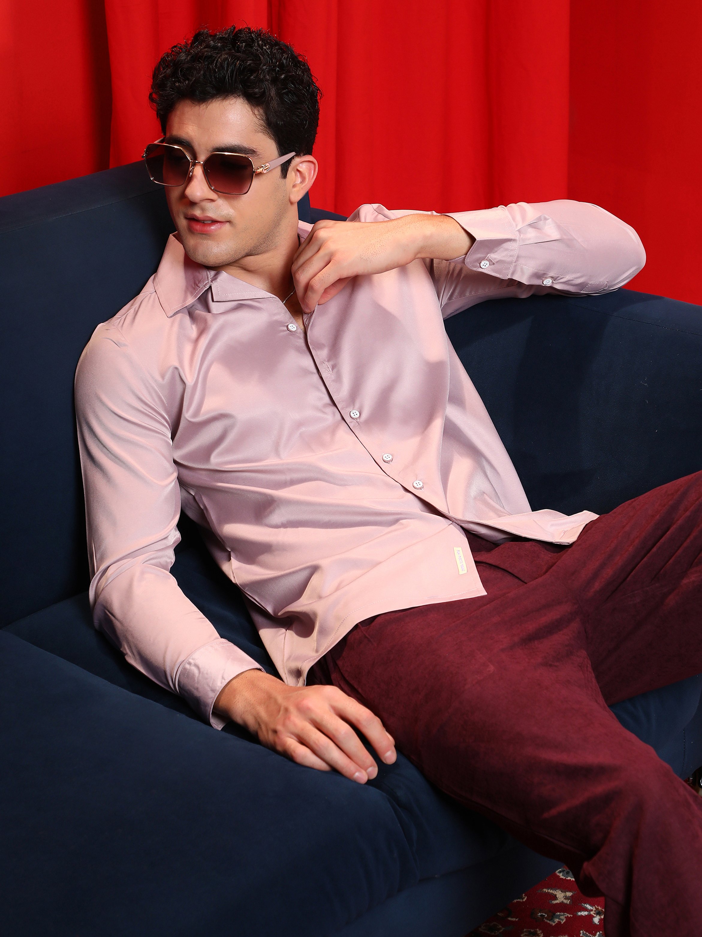 Men Blush Pink Solid Cuban Shirt