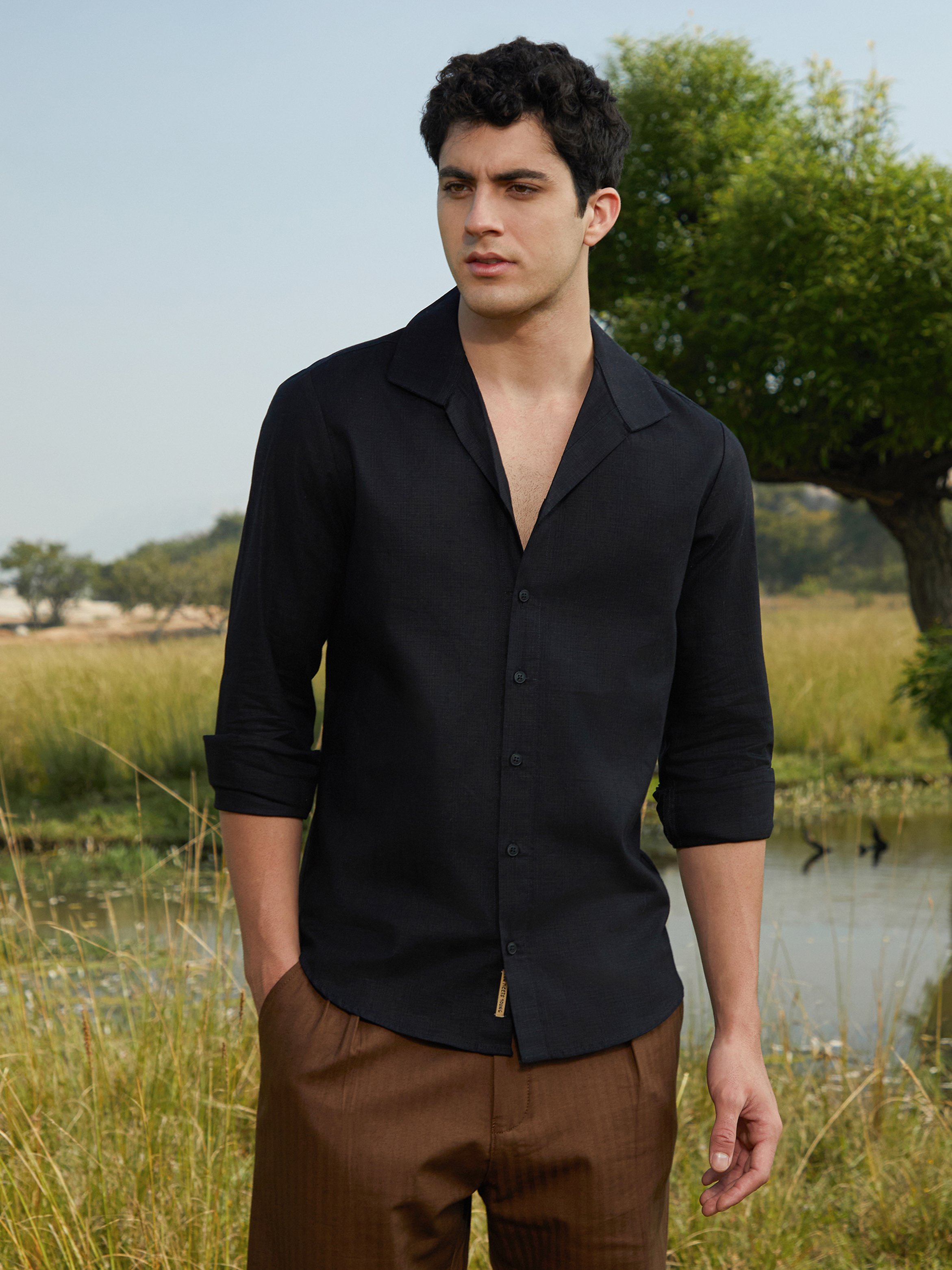 Men Midnight Black Solid Casual Shirt