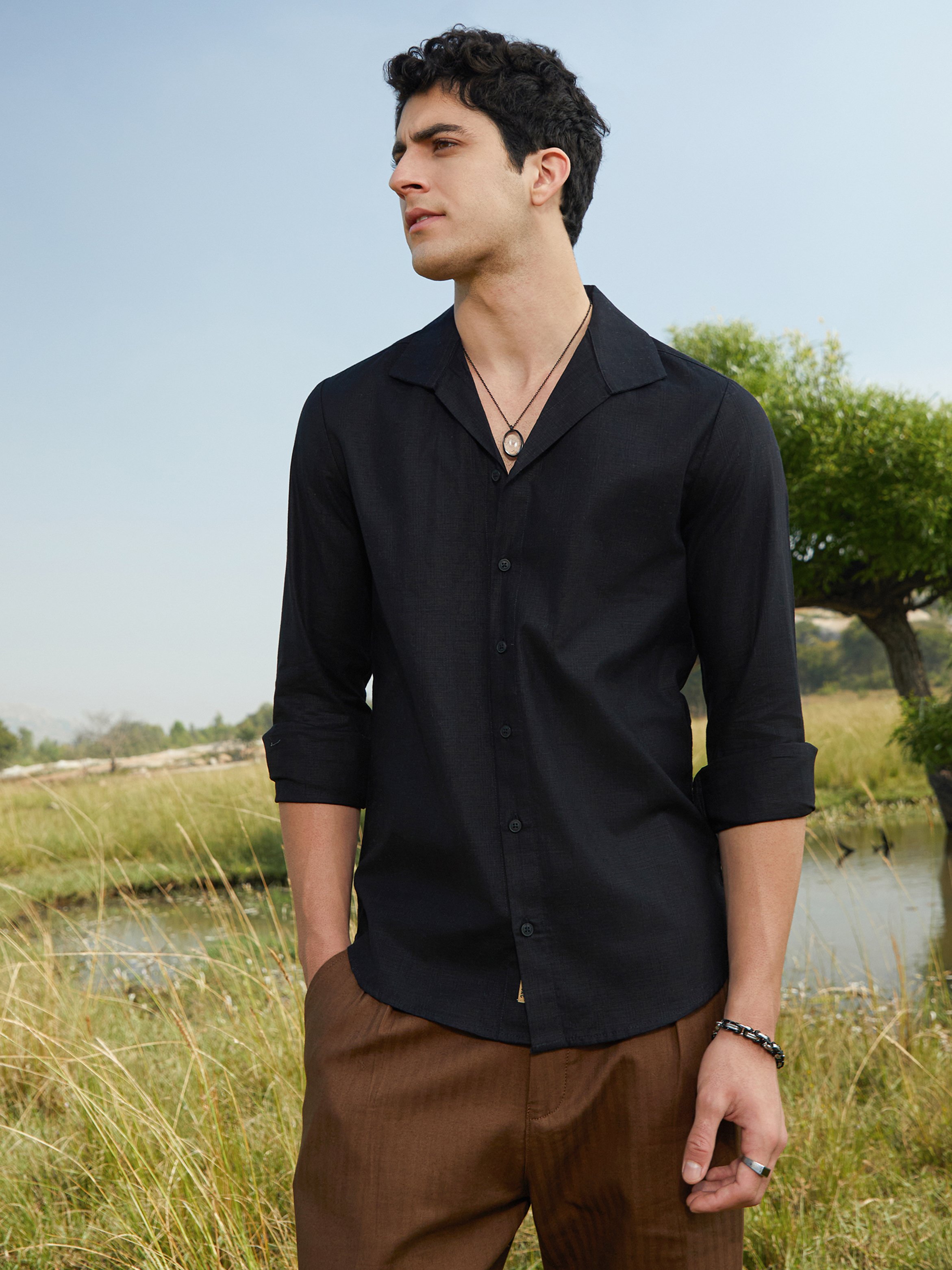 Men Midnight Black Solid Casual Shirt