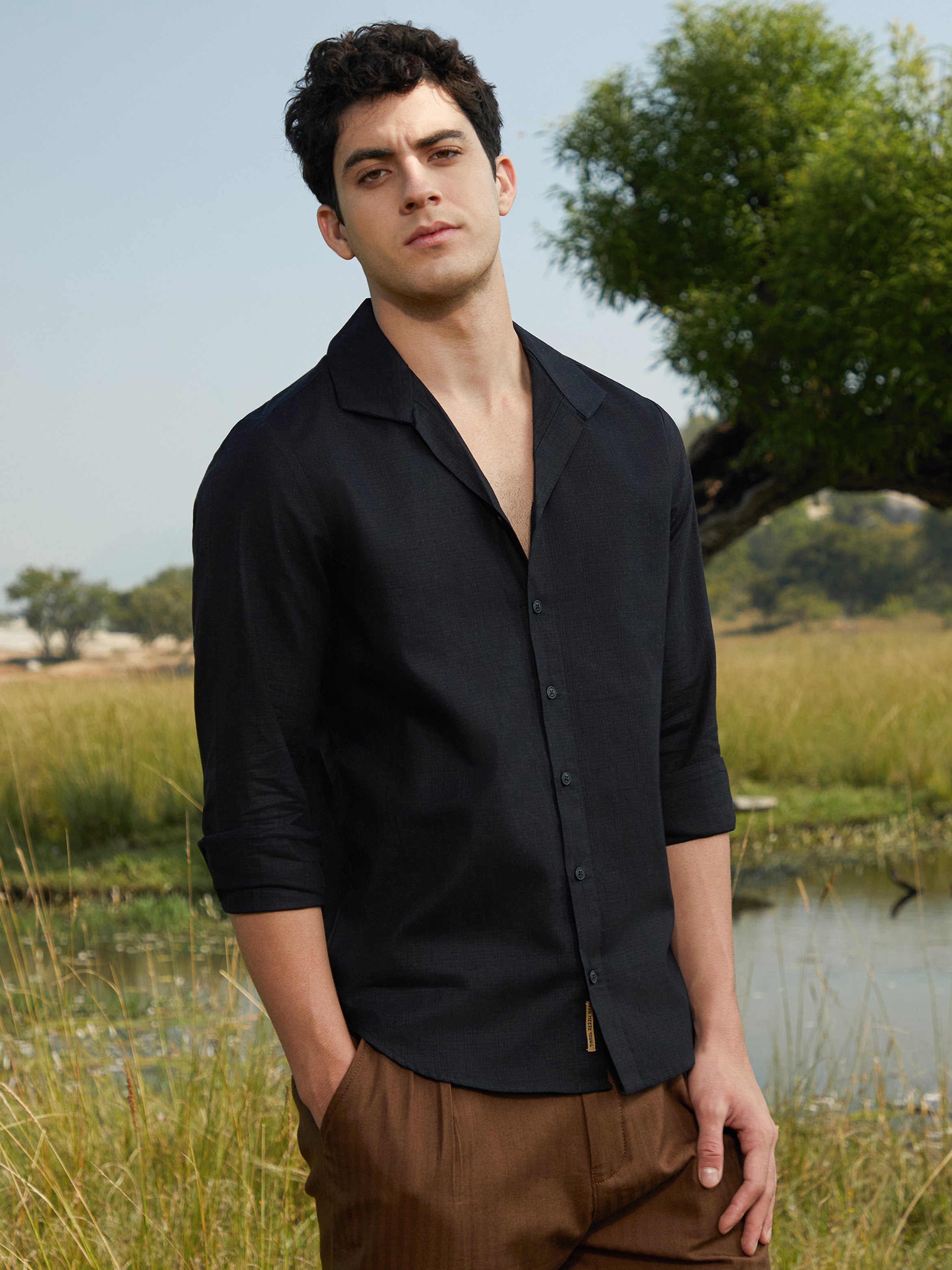 Men Midnight Black Solid Casual Shirt