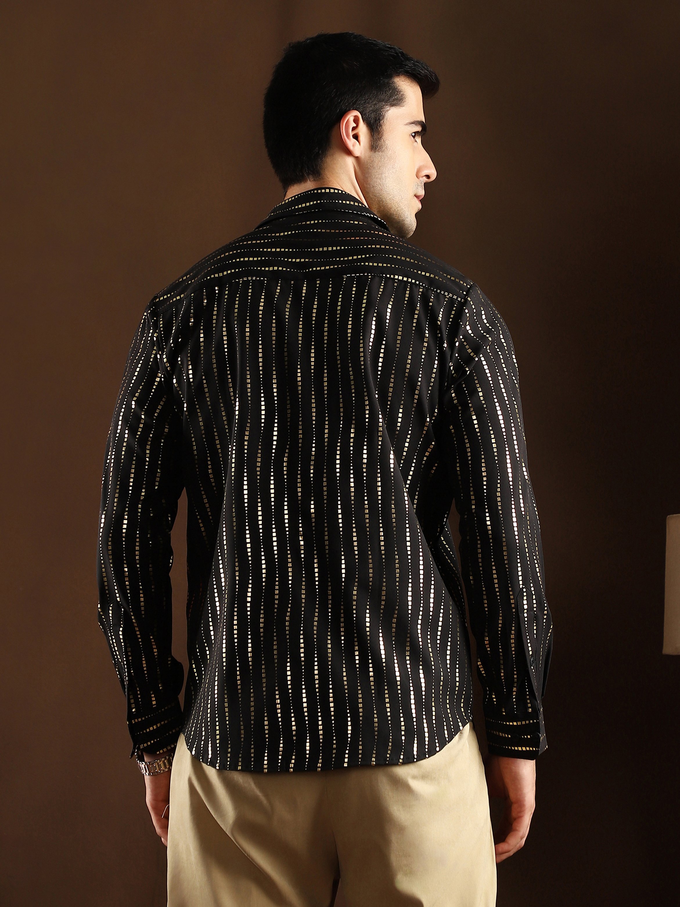 Men Black Metallic Stripe Detail Shirt