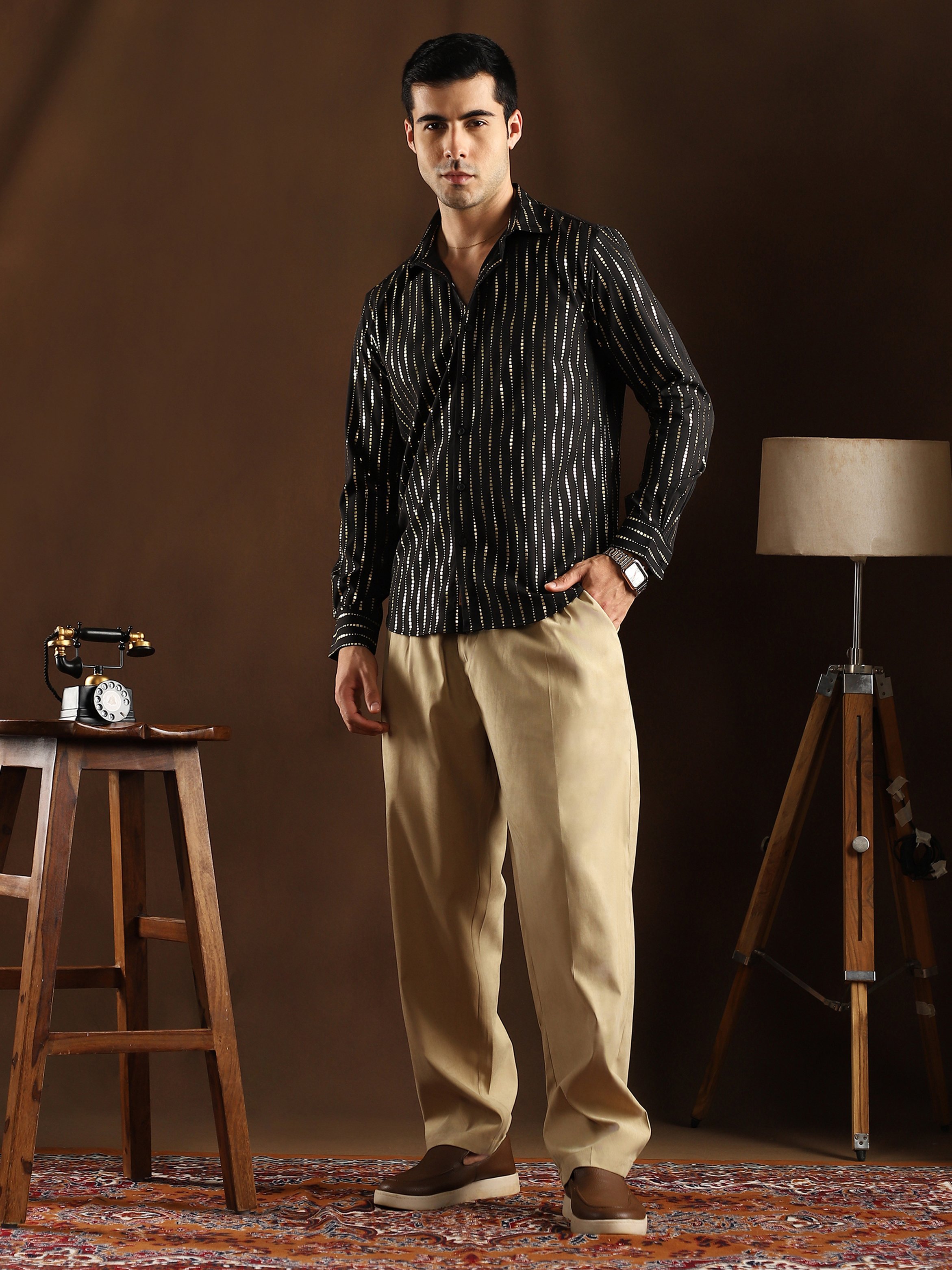 Men Black Metallic Stripe Detail Shirt