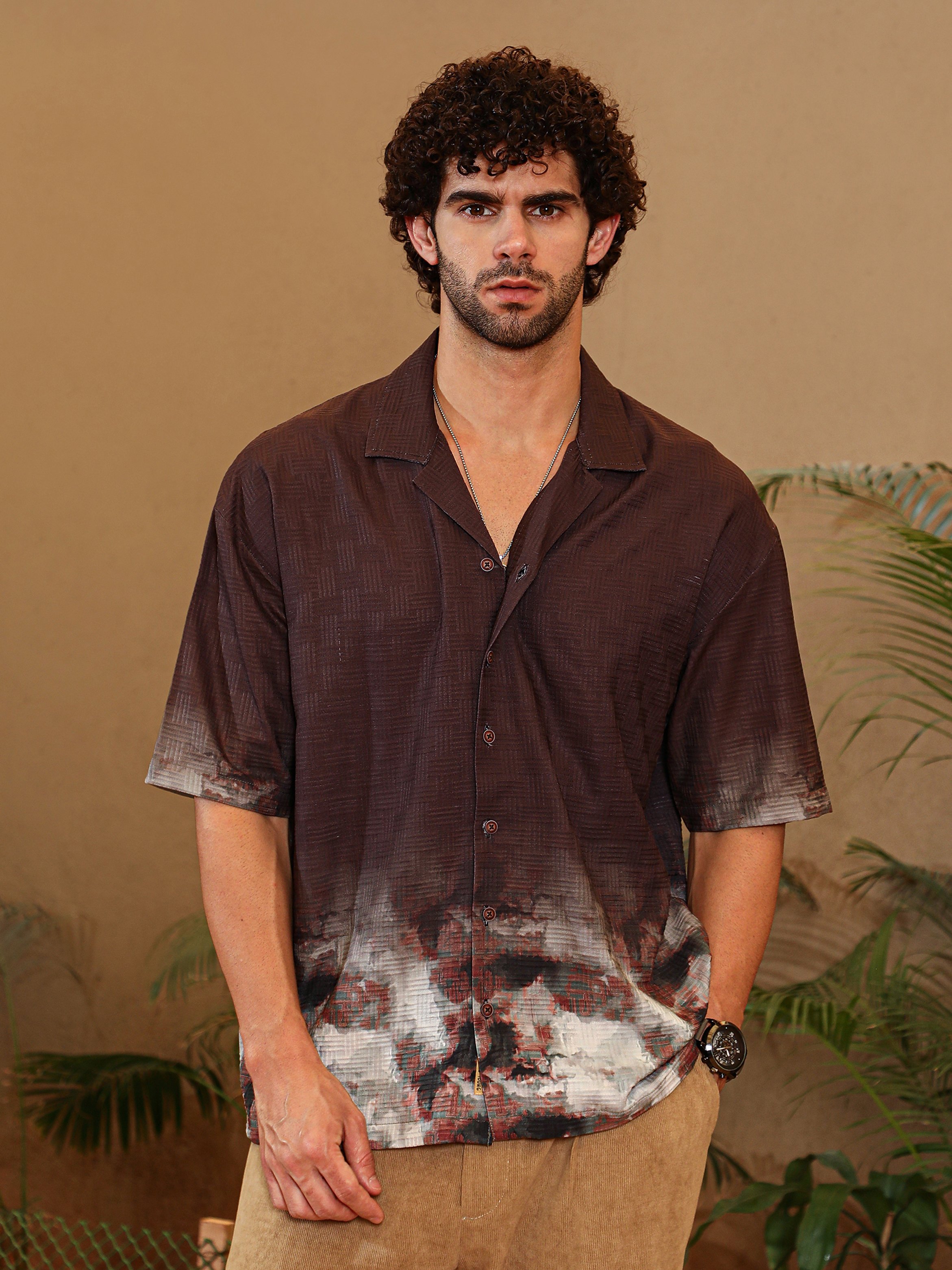 Men Brown Abstract-Ombre Print Oversized Shirt