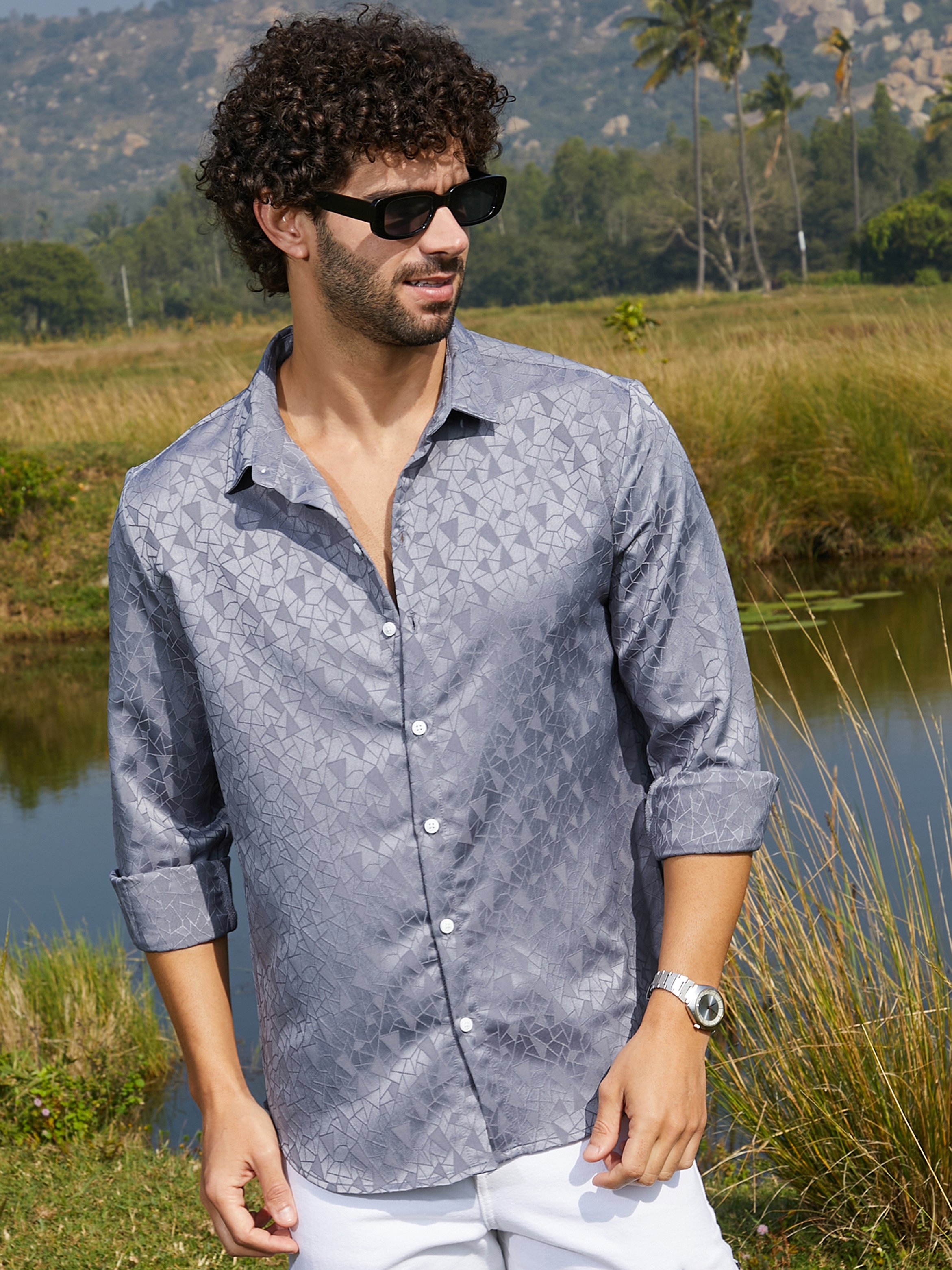 Men Grey Textured Button-Down Shirt