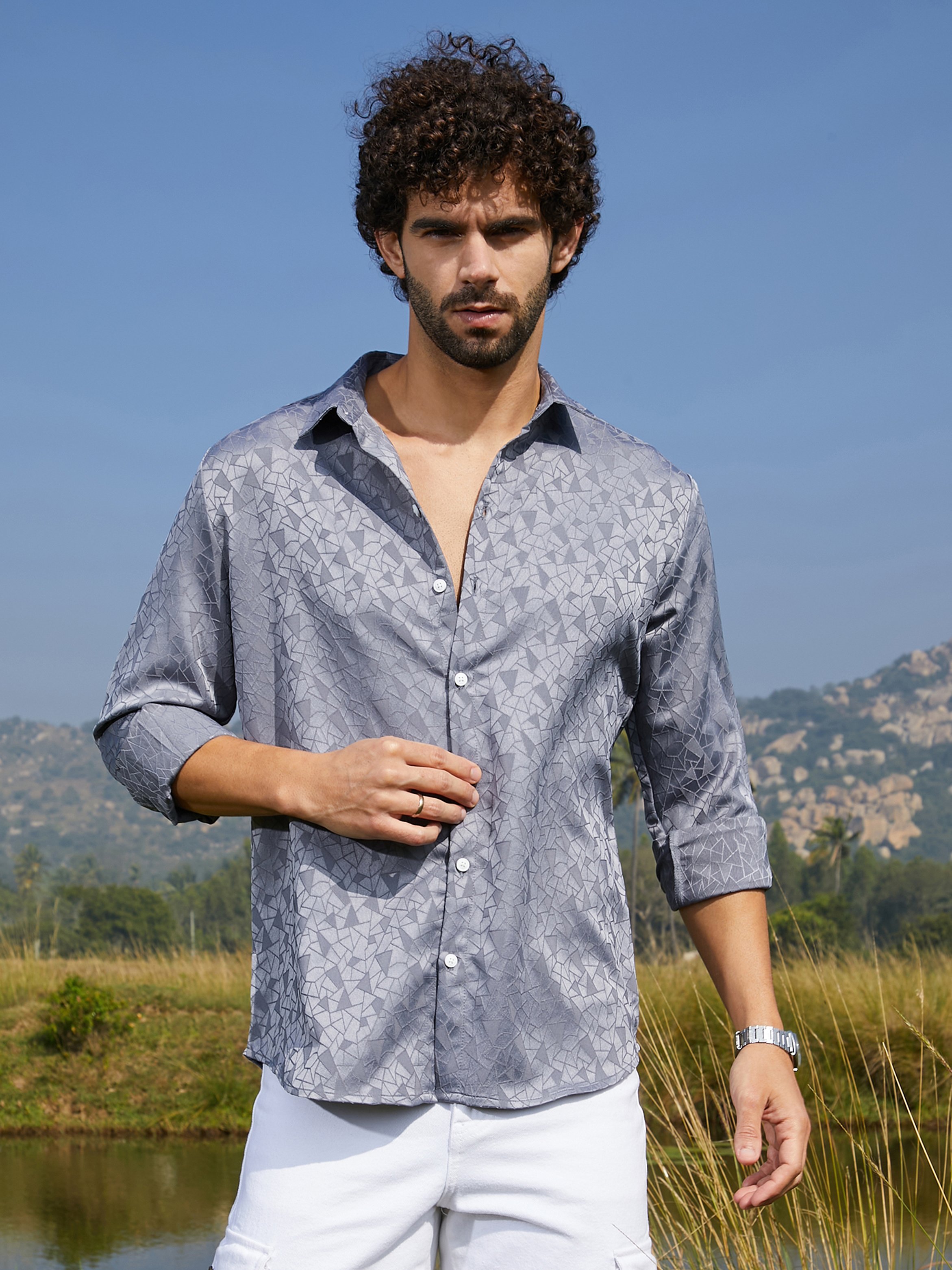 Men Grey Textured Button-Down Shirt