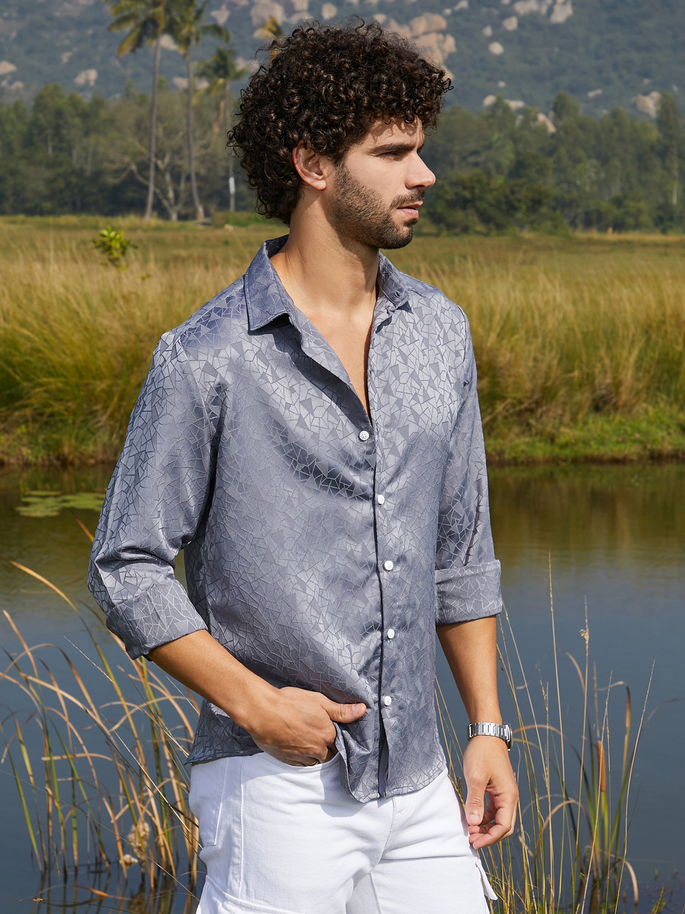 Men Grey Textured Button-Down Shirt