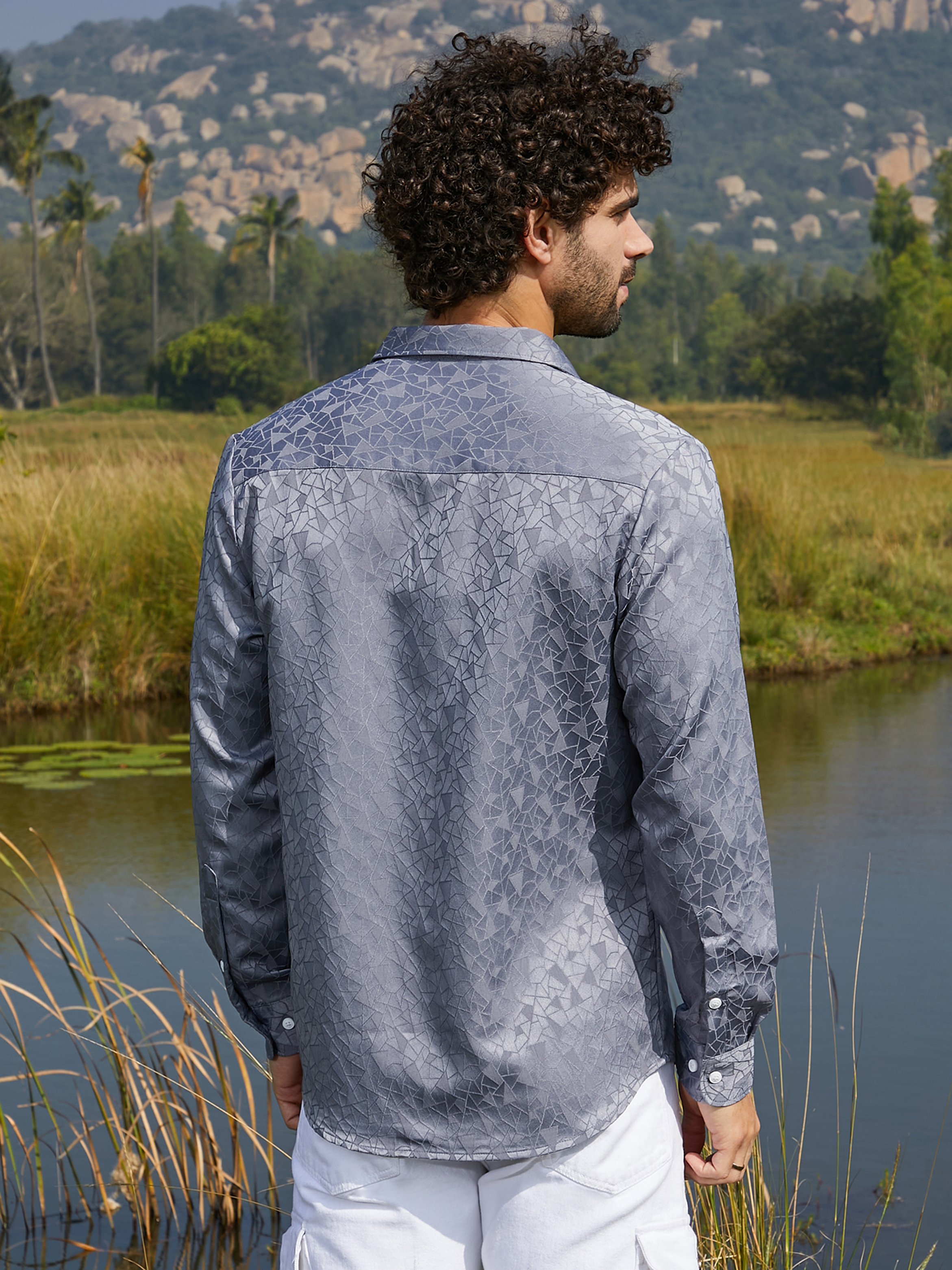 Men Grey Textured Button-Down Shirt