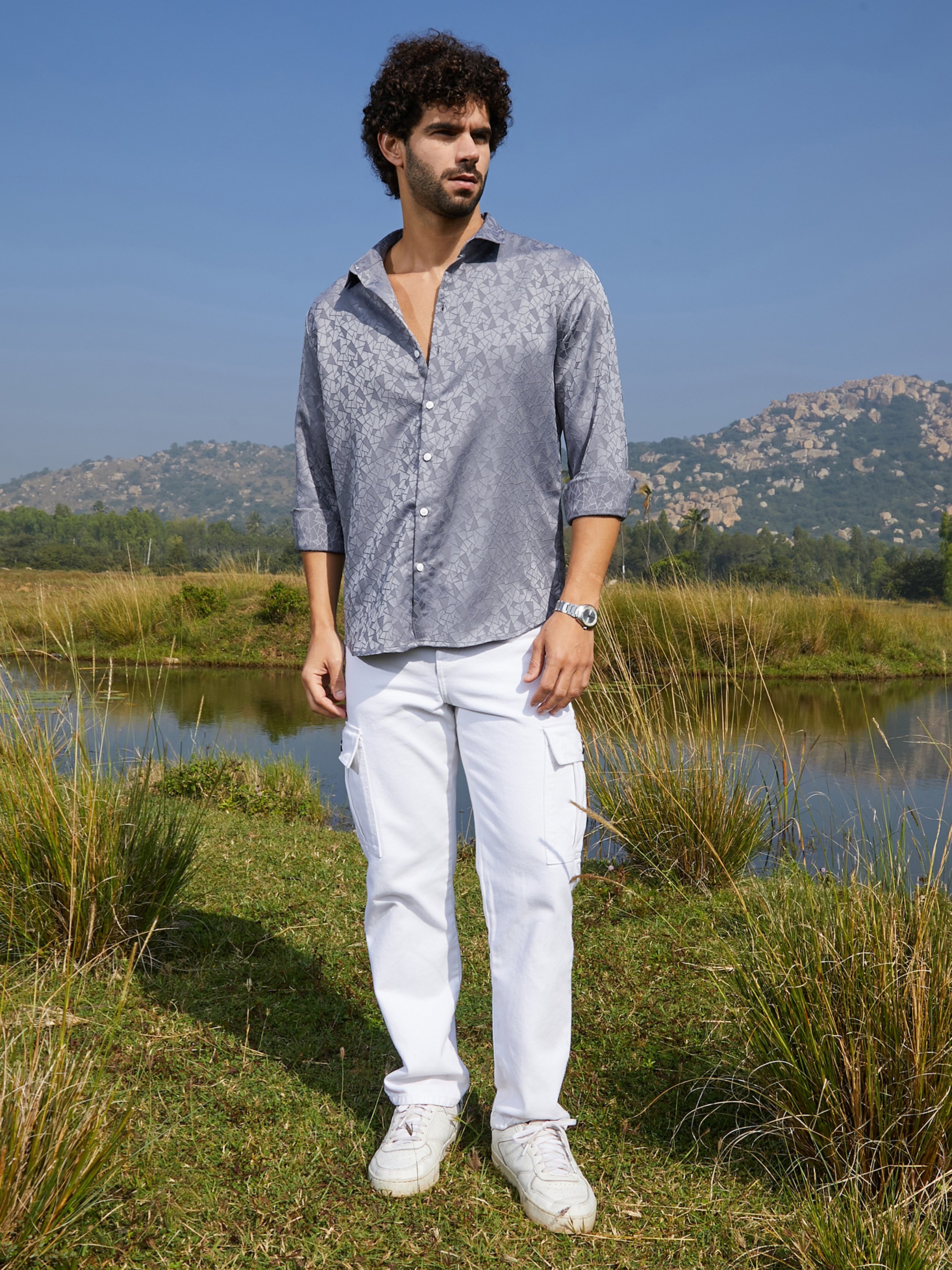 Men Grey Textured Button-Down Shirt