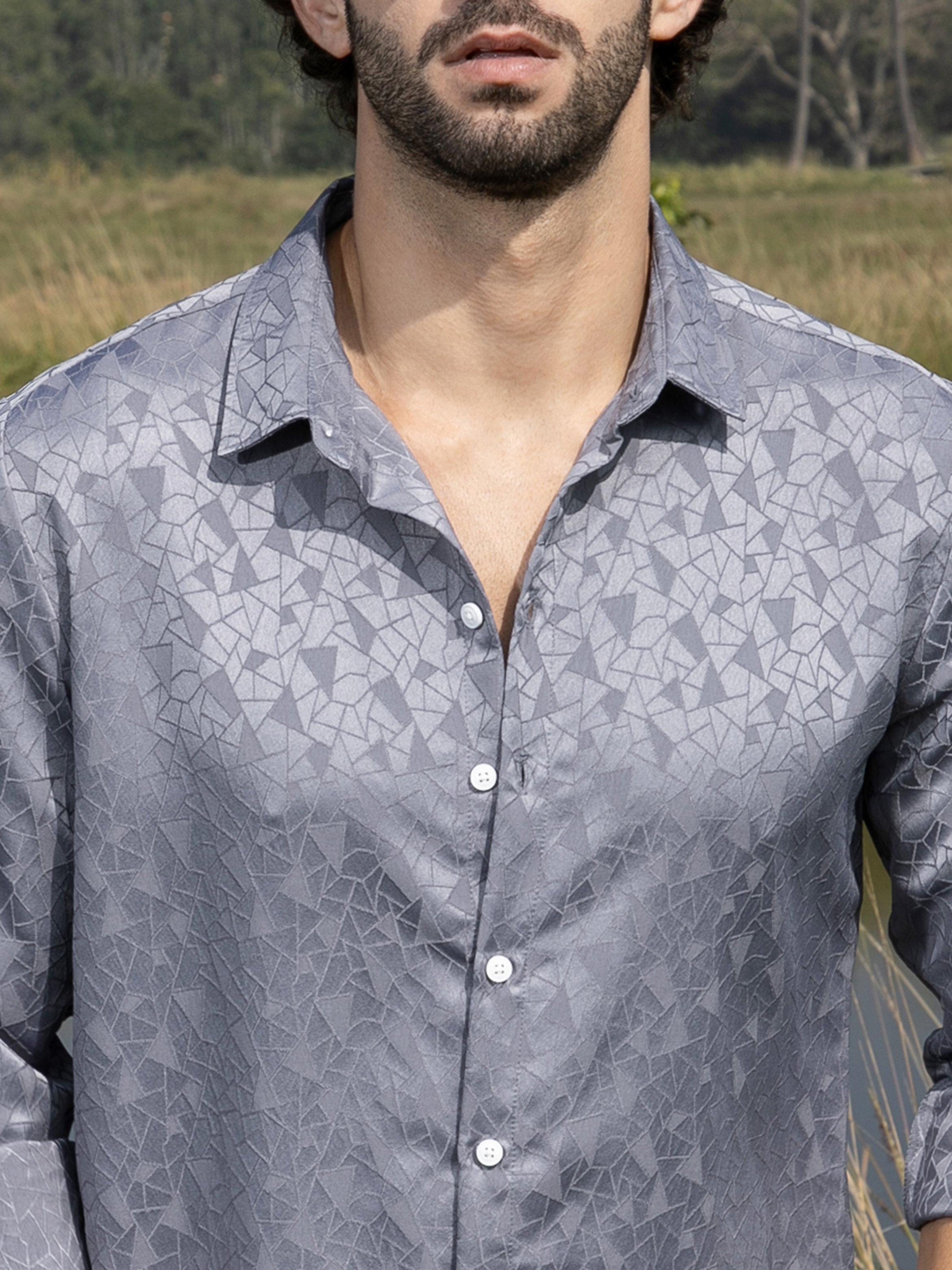 Men Grey Textured Button-Down Shirt