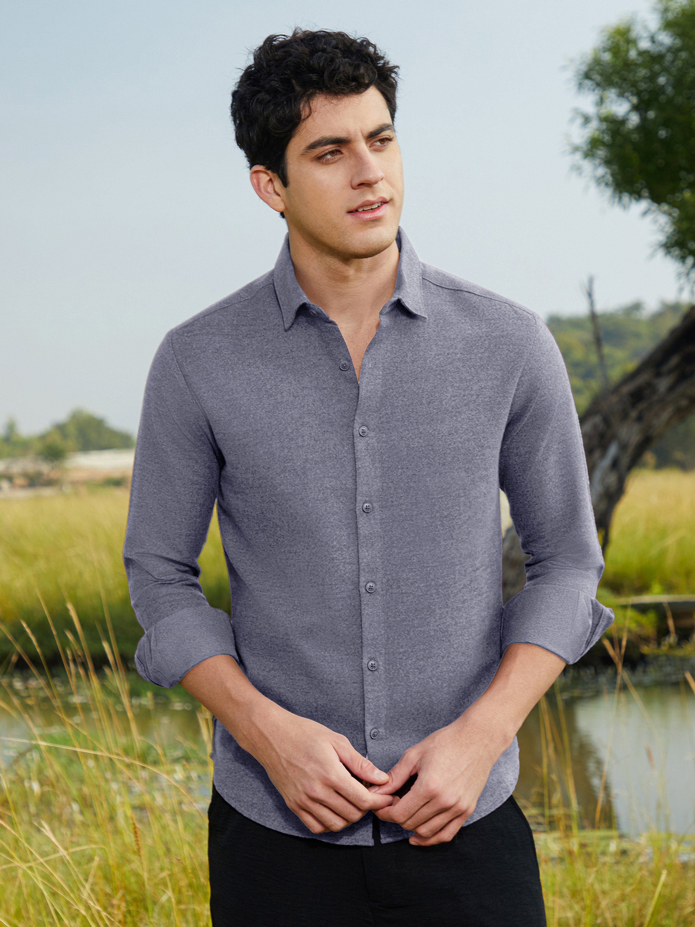 Men Grey Textured Spread Collar Shirt