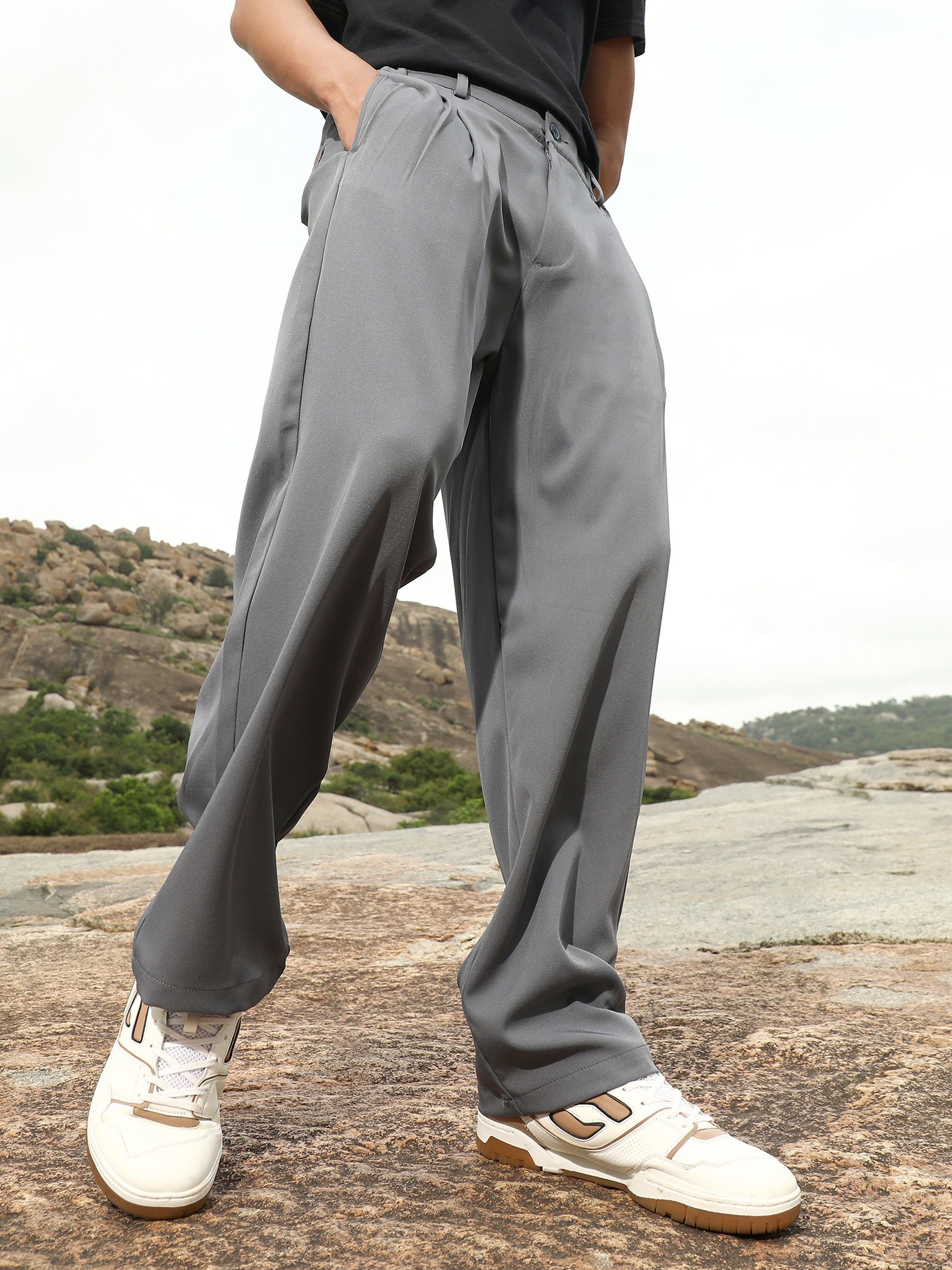 Men Coin Grey Pleat Straight-Fit Tailoured Trousers