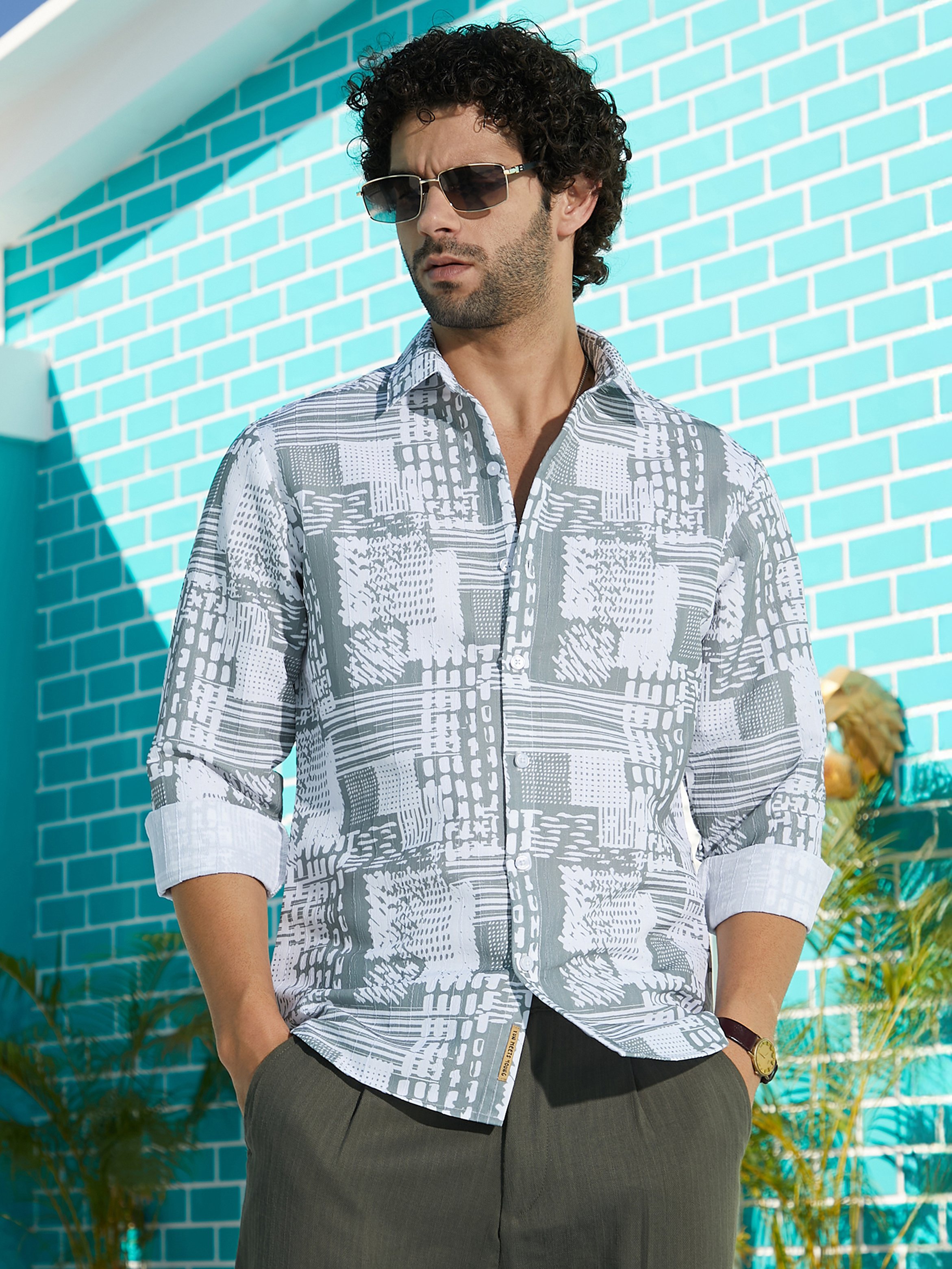 Men Grey Printed Spread Collar Shirt