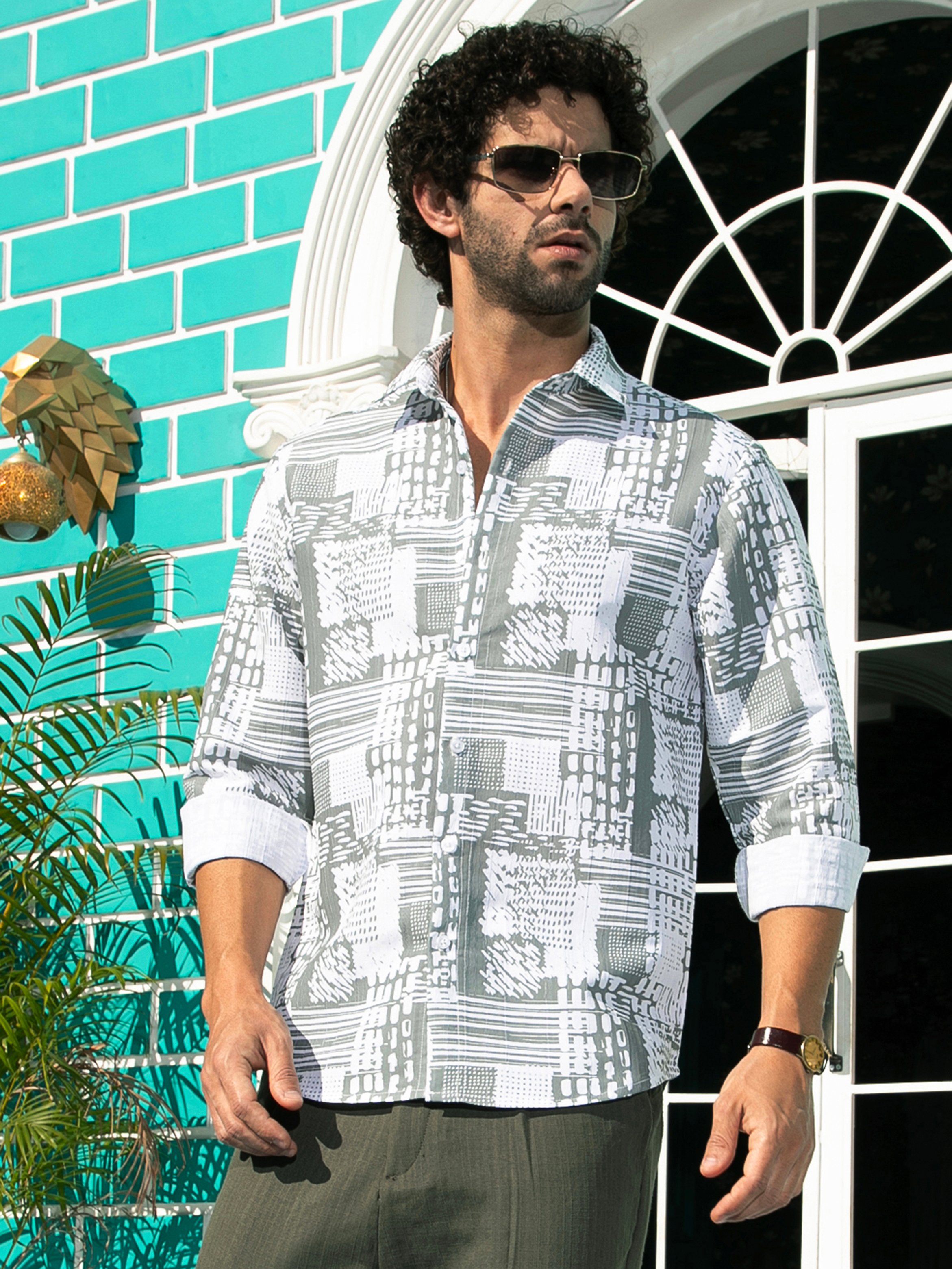 Men Grey Printed Spread Collar Shirt